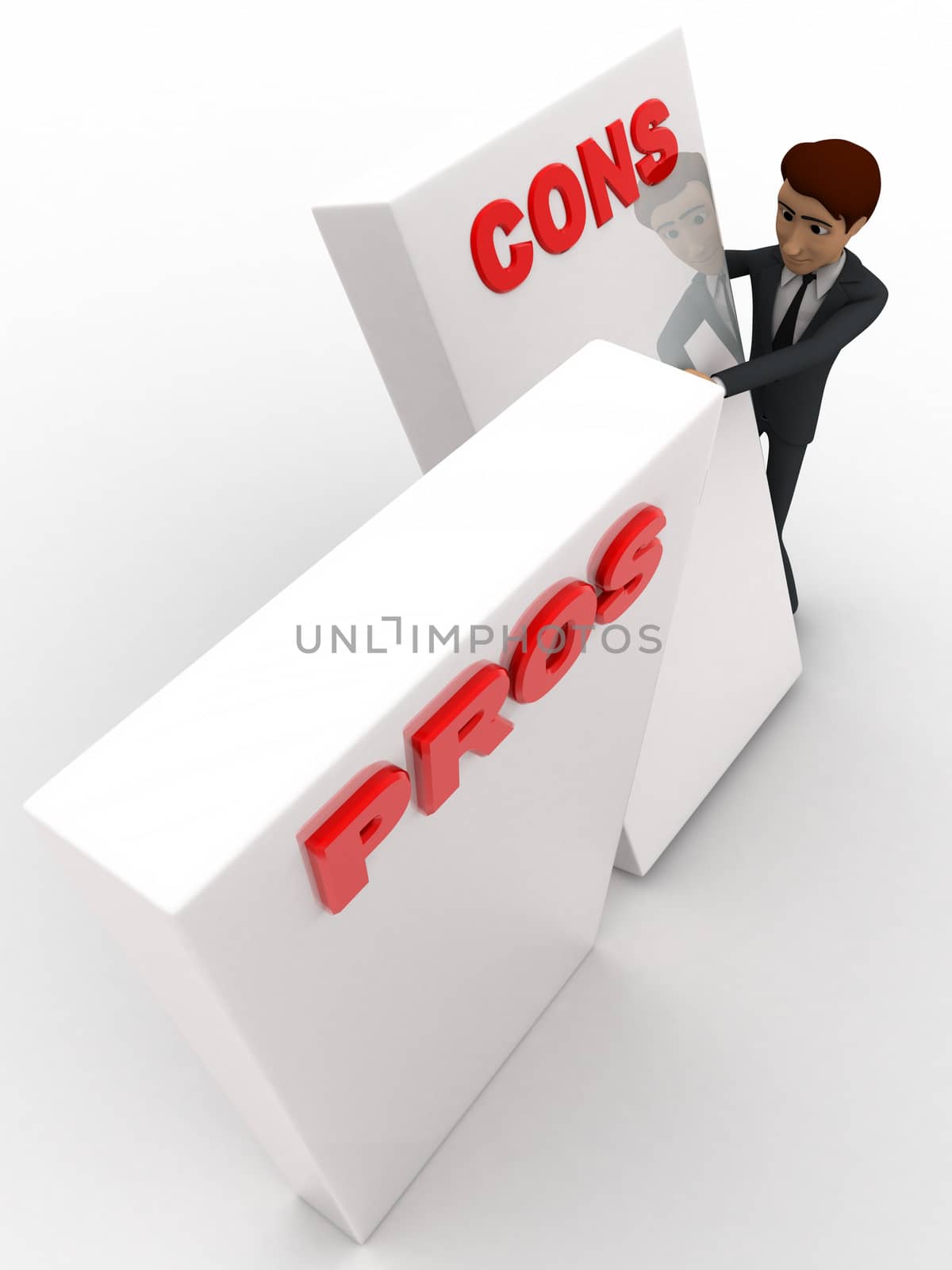 3d man with prons and cons sign board concept on white background, top angle view