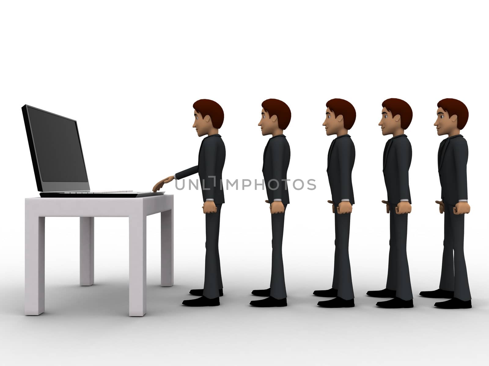 3d man in queue and working on laptop concept by touchmenithin@gmail.com