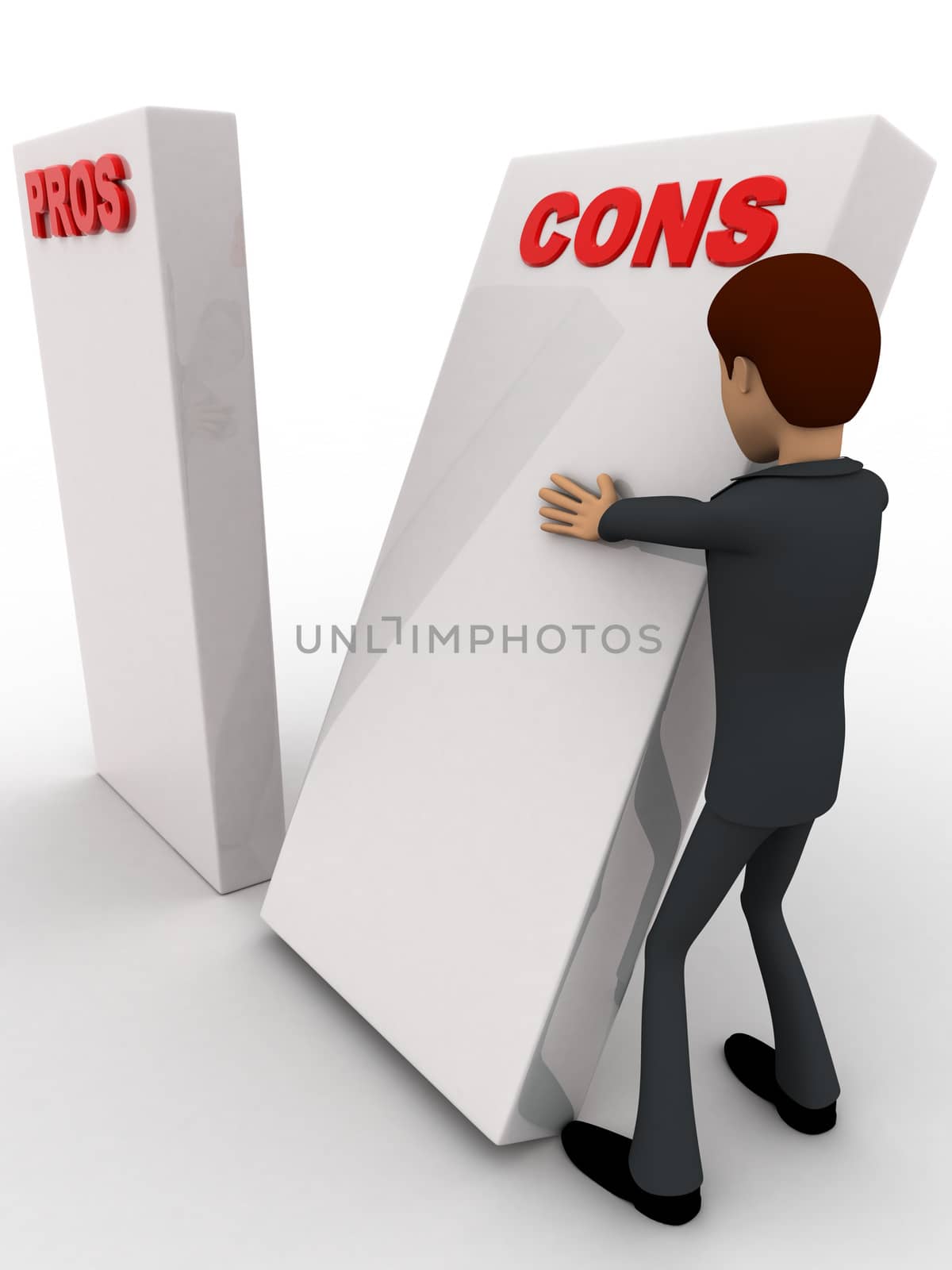 3d man with prons and cons sign board concept on white background, side angle view