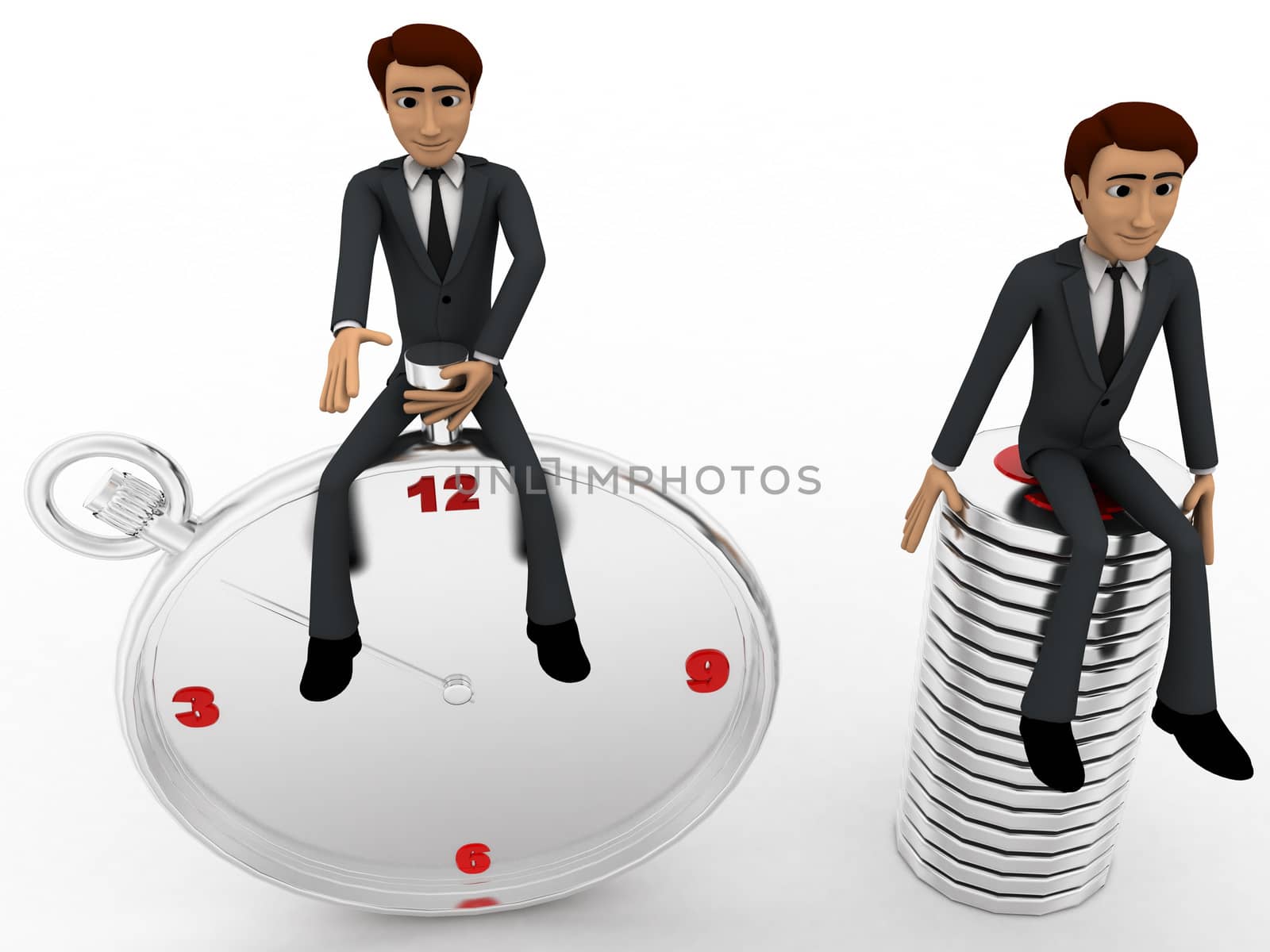 3d man with dollar coins and stop watch concept on white background, front angle view