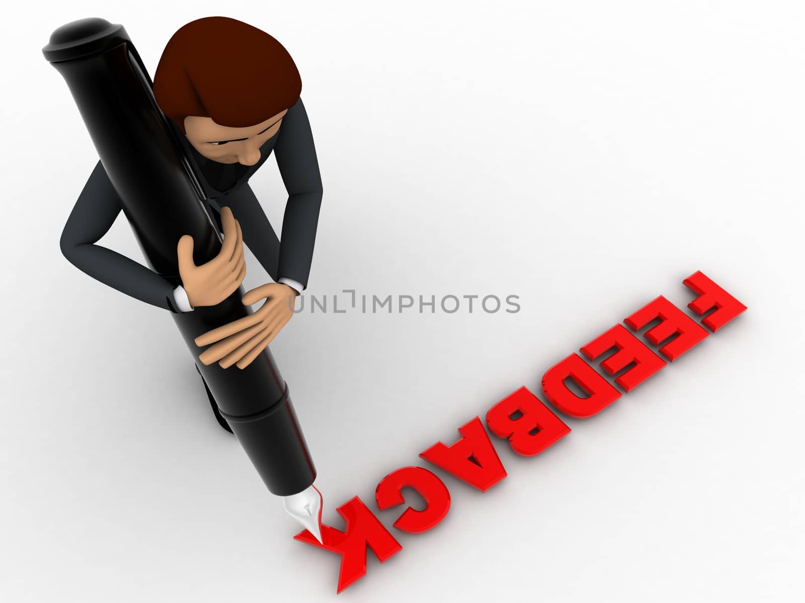 3d man writing feedback using pen concept on white background, side angle view