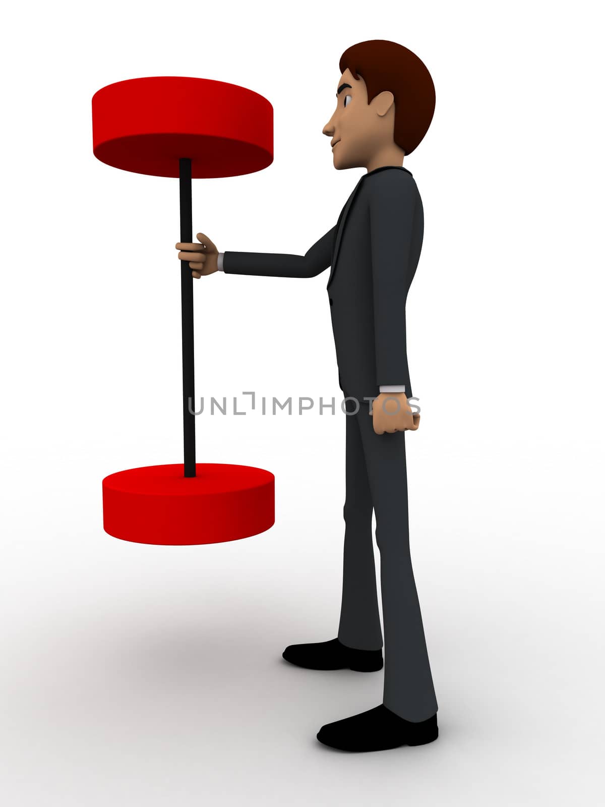 3d man easily lift big dumbbell concept on white background, side  angle view