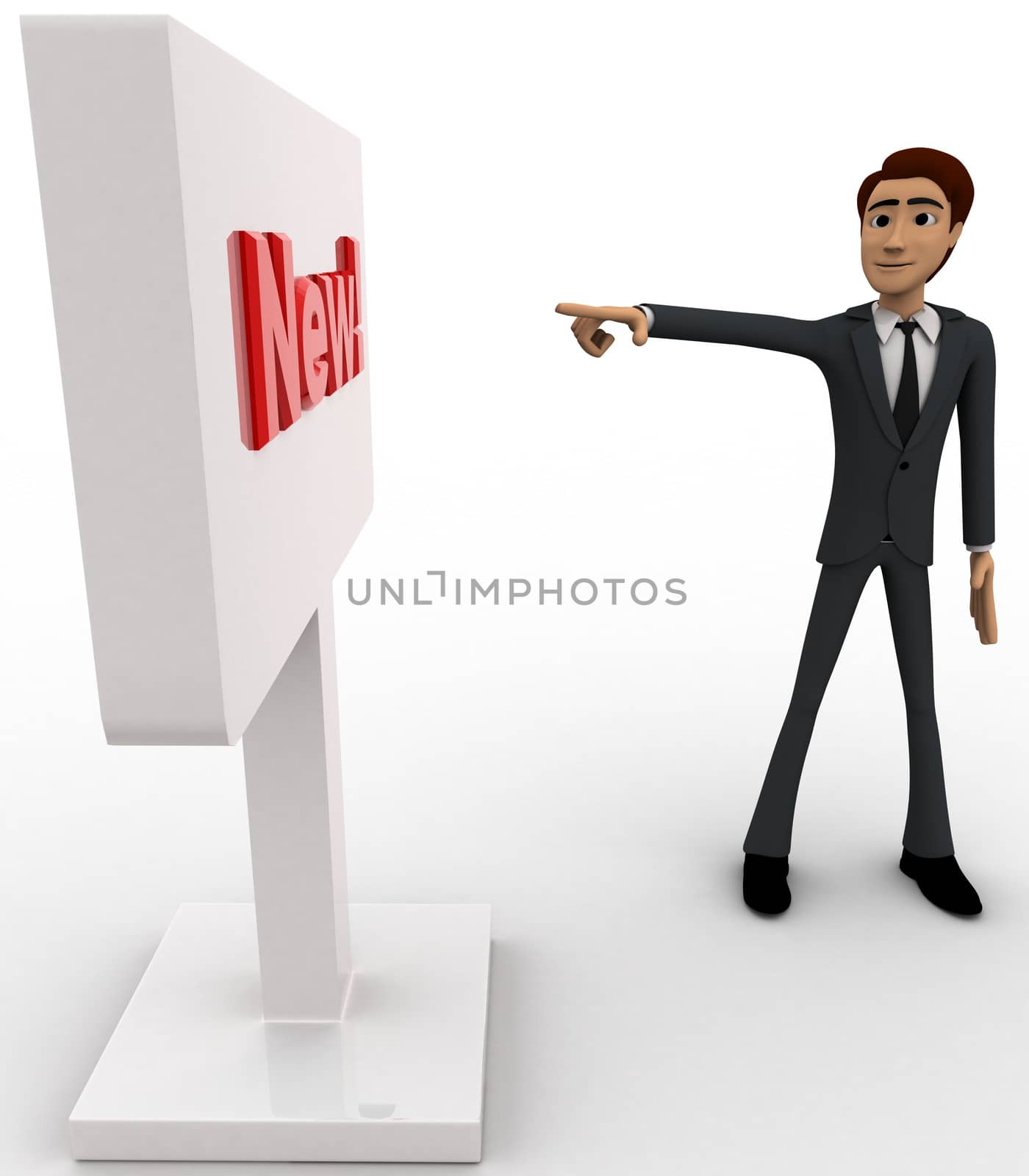 3d man pointing at new sign board concept on white background, side angle view