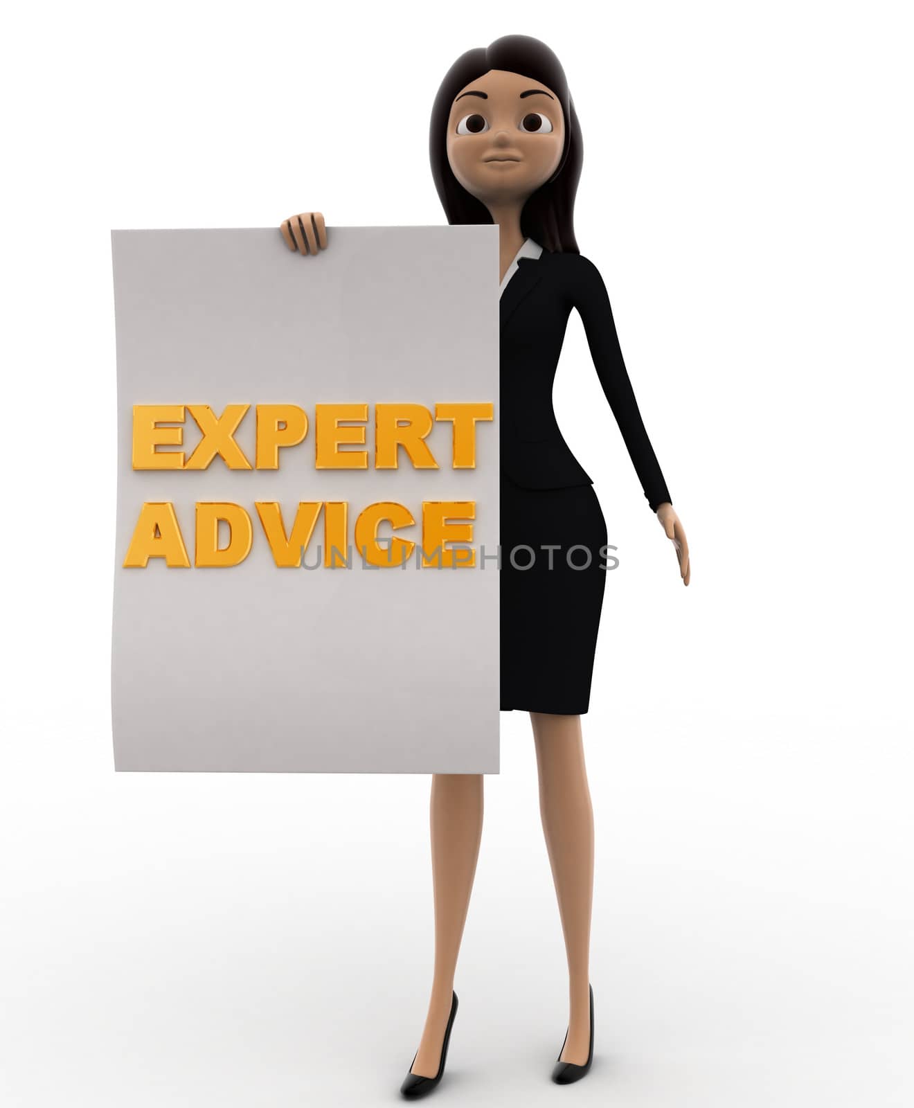 3d woman with expert advice paper in hand concept on white background, front angle view