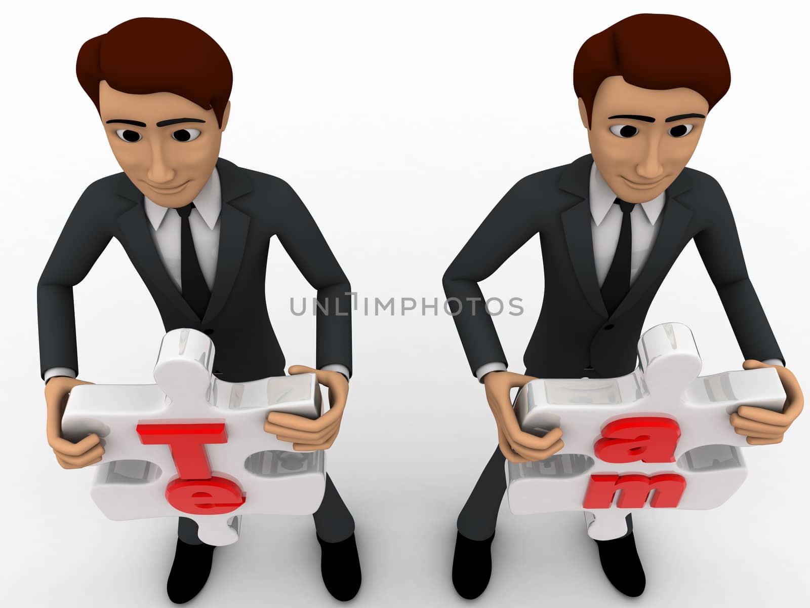 3d man holding team puzzle pieces in hand concept by touchmenithin@gmail.com