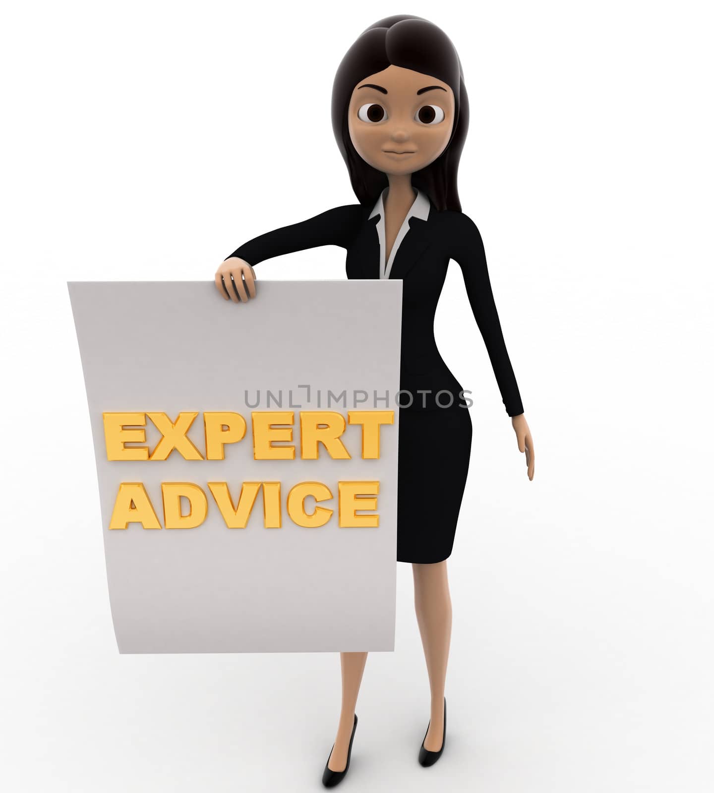 3d woman with expert advice paper in hand concept on white background, top angle view