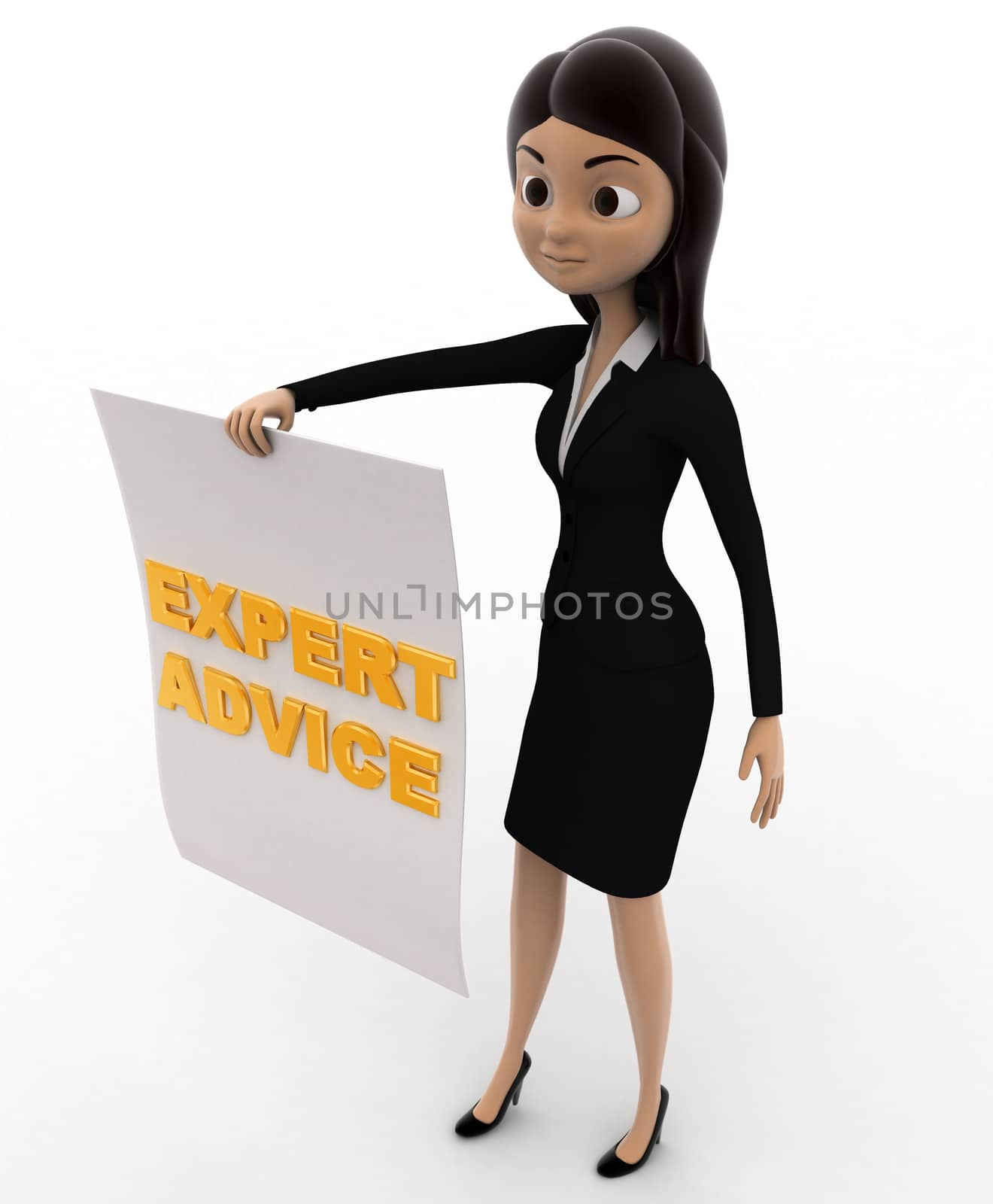 3d woman with expert advice paper in hand concept on white background, side angle view