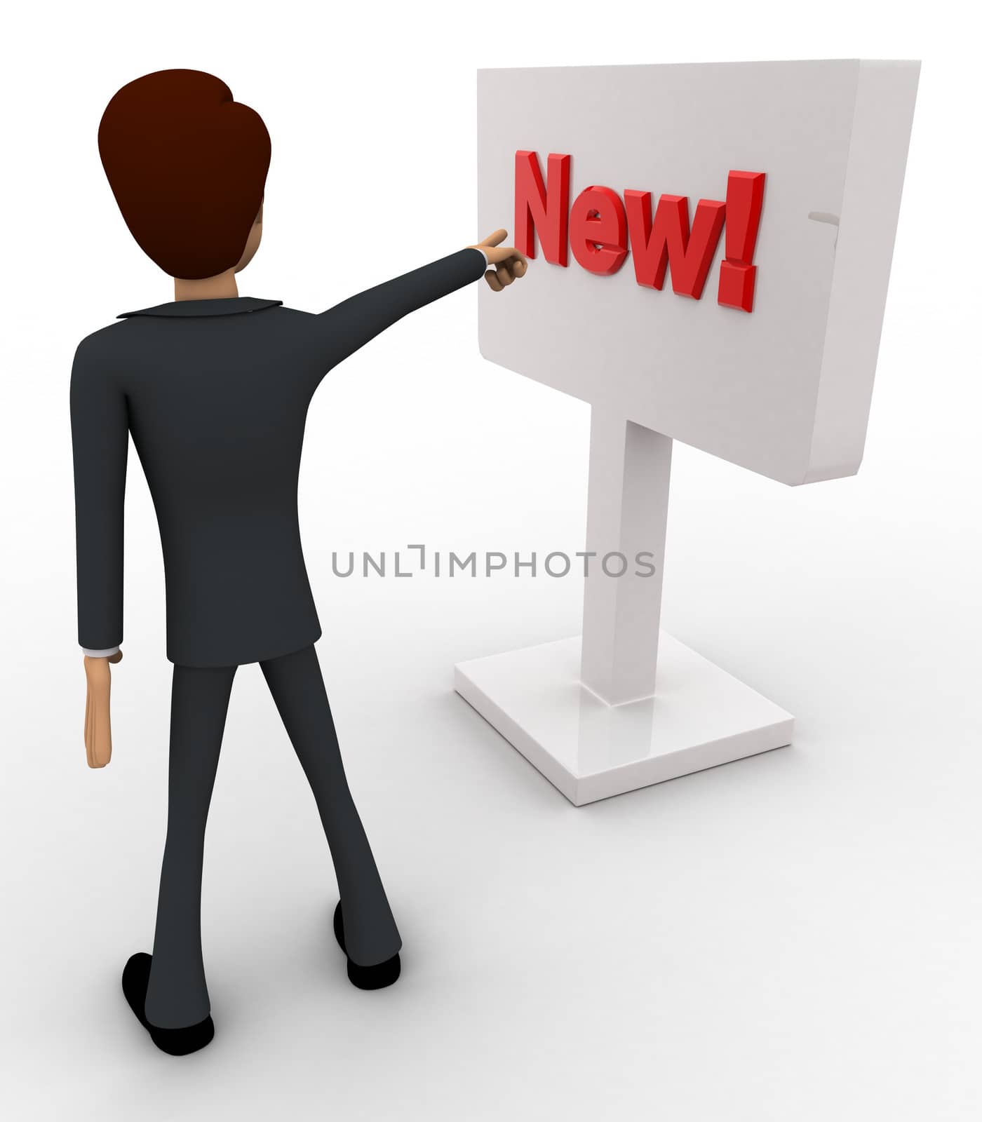 3d man pointing at new sign board concept on white background, back angle view