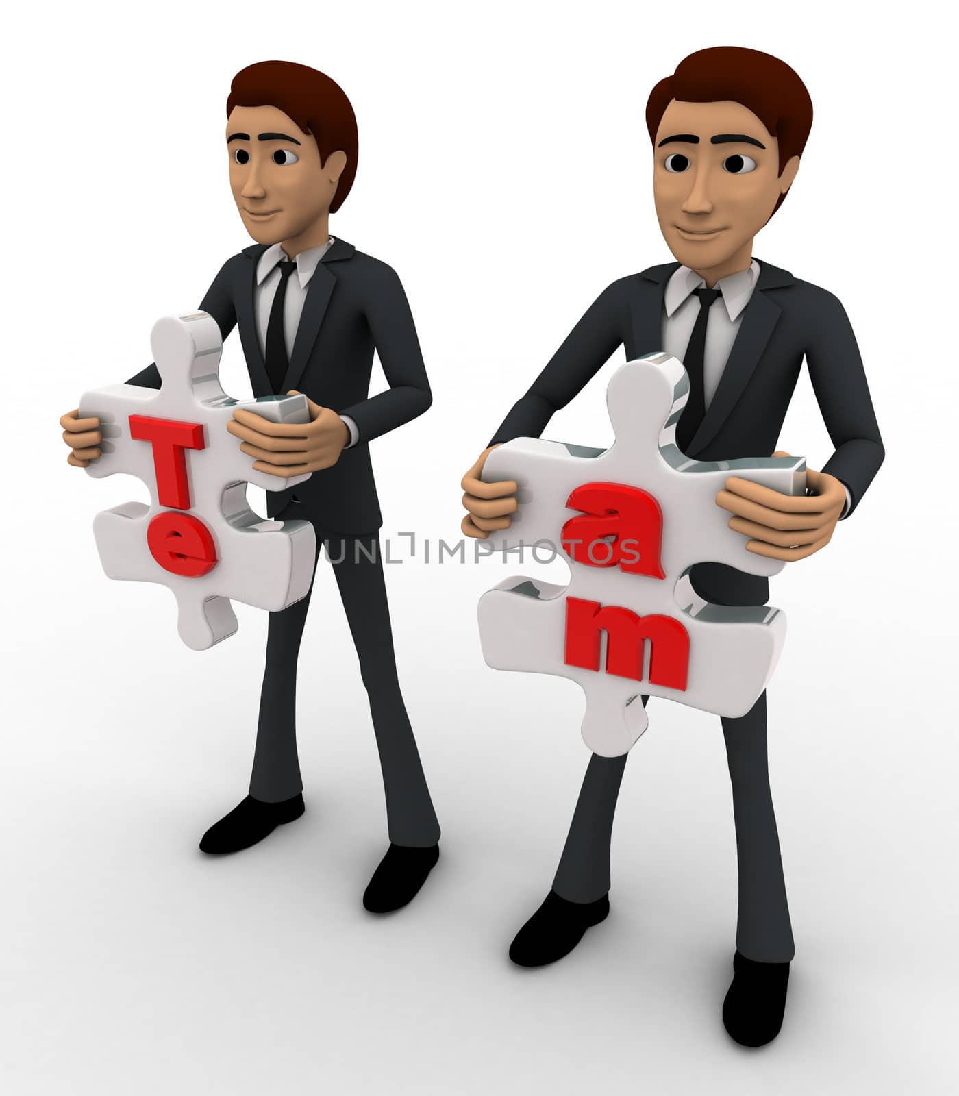 3d man holding team puzzle pieces in hand concept on white background, side angle view