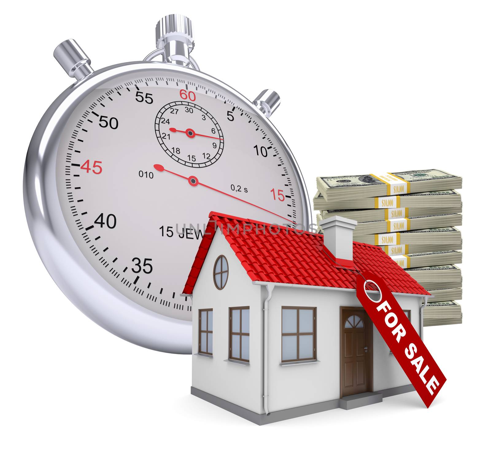 Timer with house for sale and stack of money on isolated white background