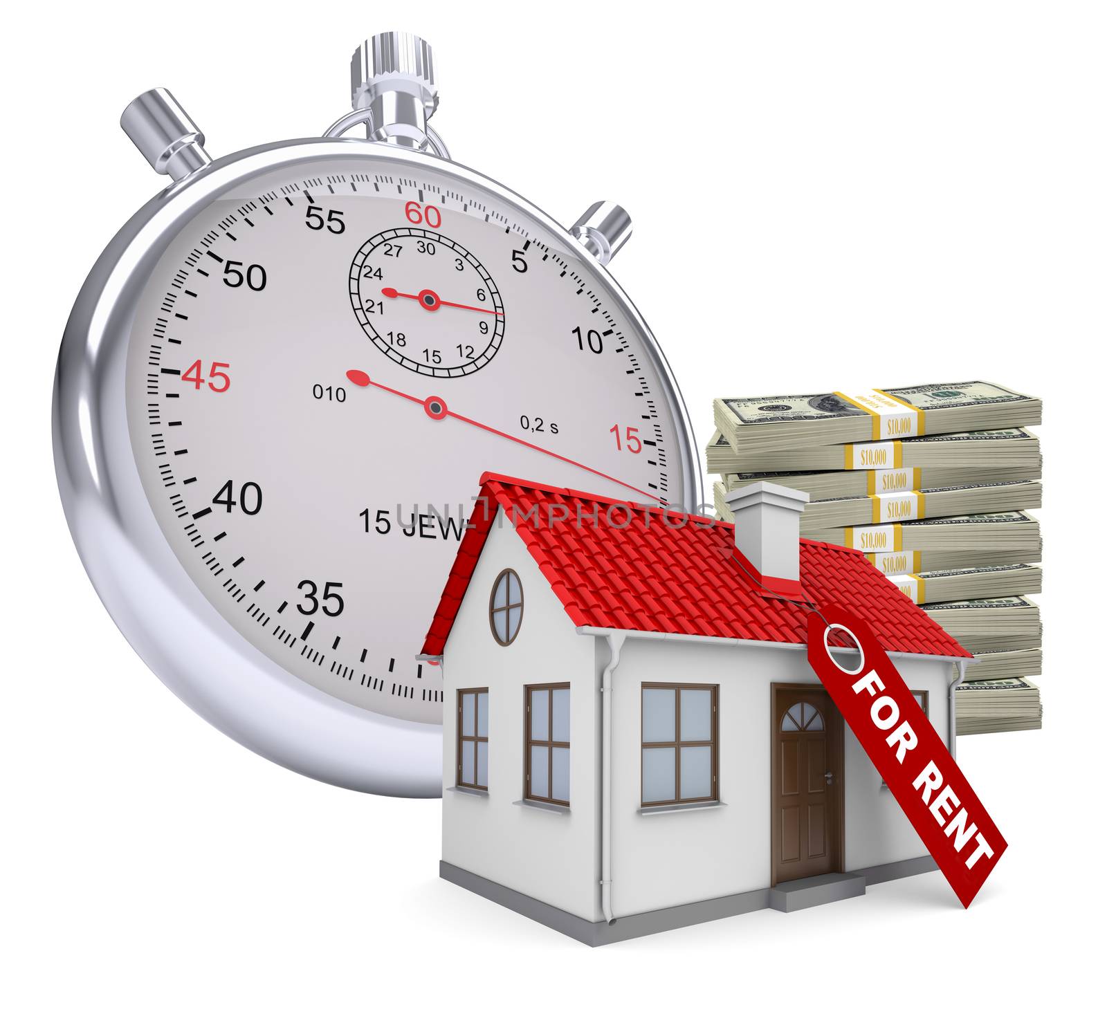 Timer with house for rent and stack of money by cherezoff