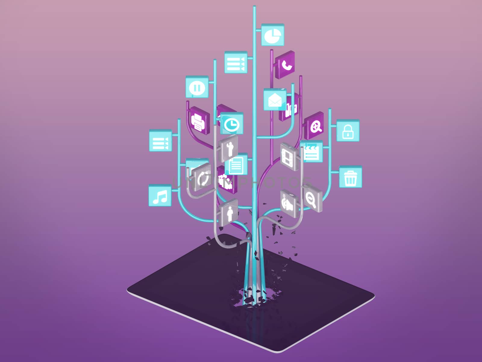Social media icons set in tree shape on Modern black tablet pc by teerawit