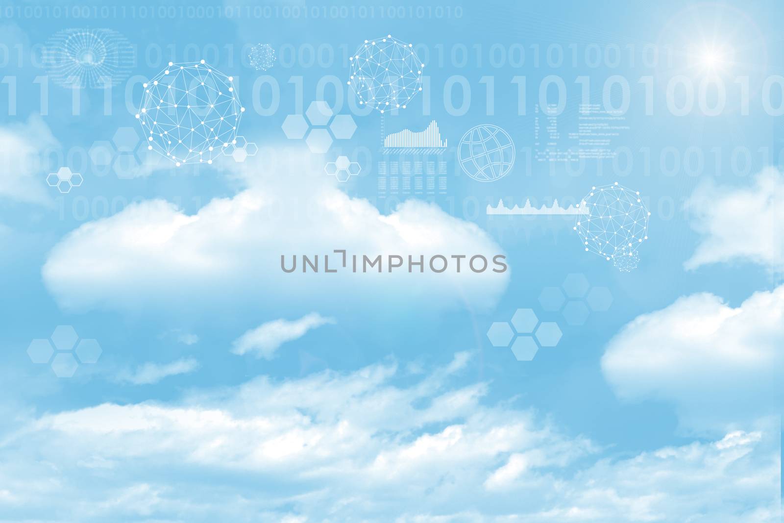 Blue sky background with clouds, graphs and numbers