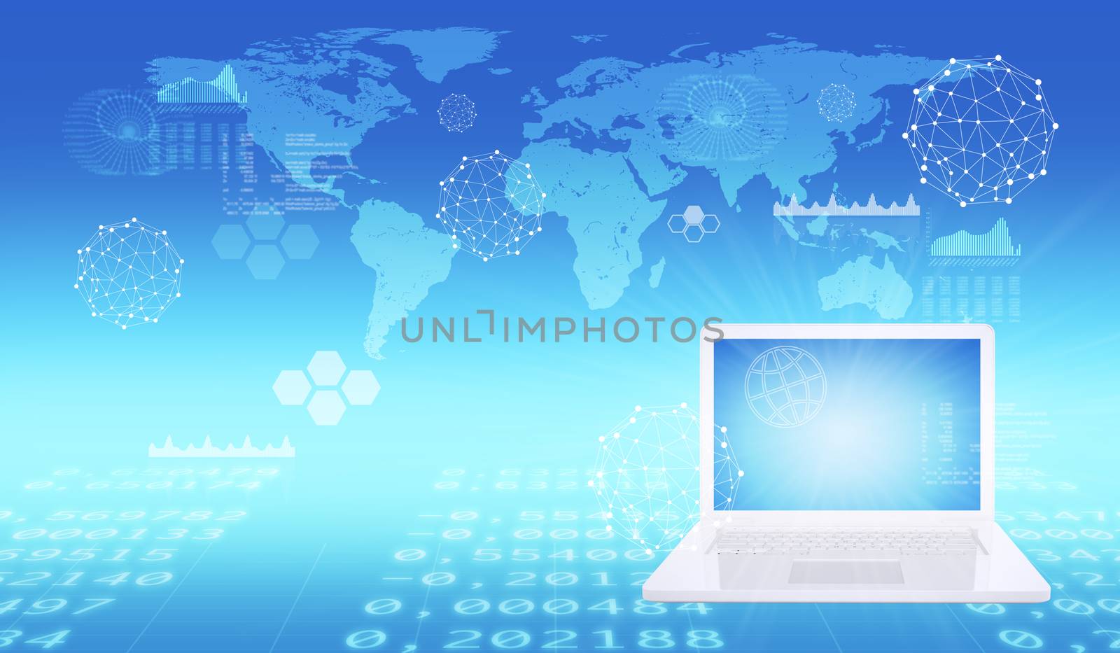 Laptop on abstract blue background with world map and molecule