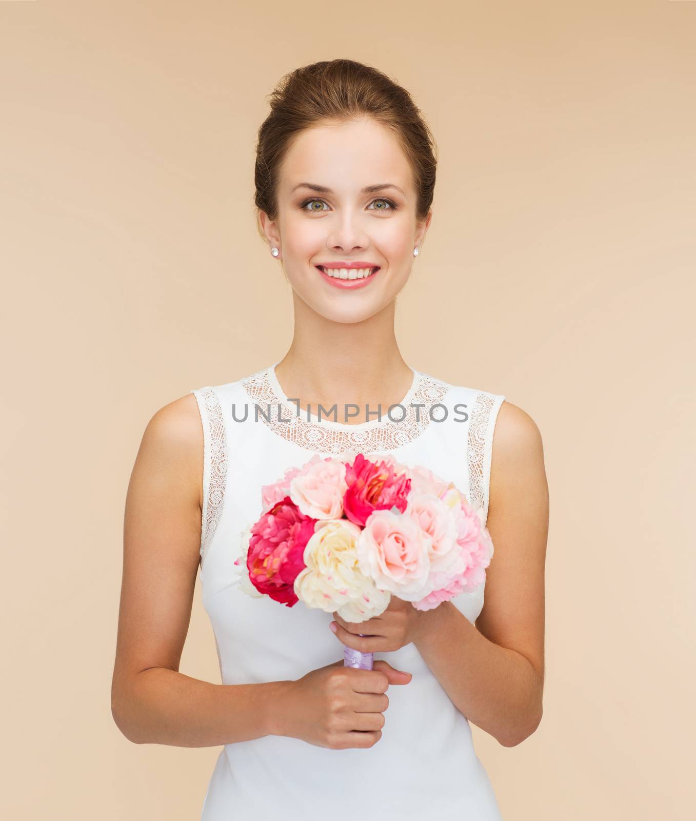 happiness, wedding, holidays and celebration concept - smiling bride or bridesmaid in white dress with bouquet of flowers