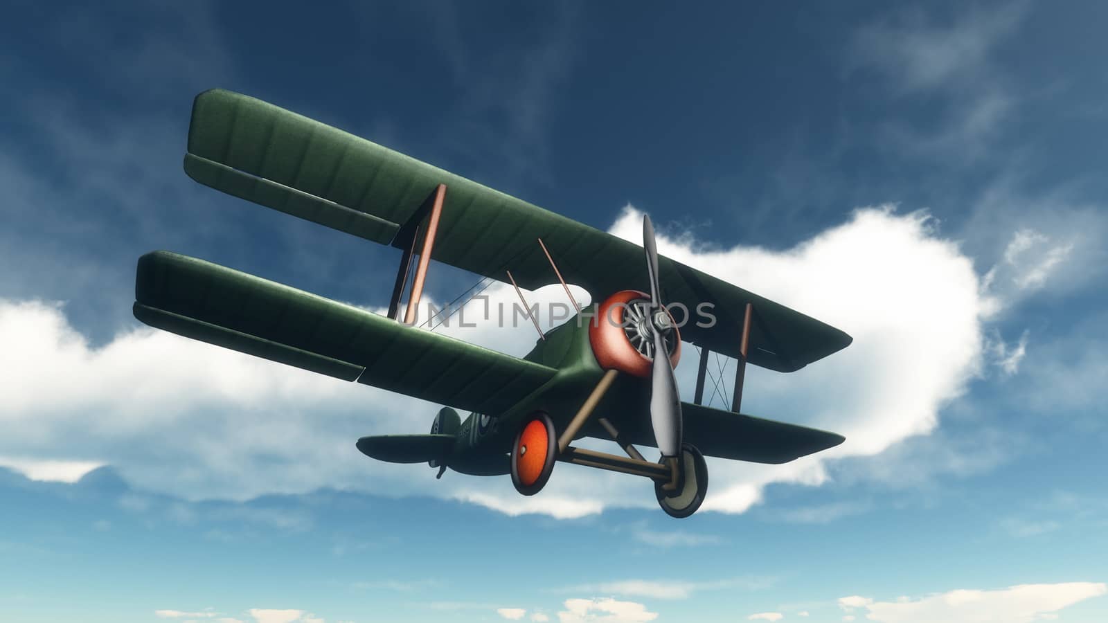 Biplane flying in the blue cloudy sky - 3D render
