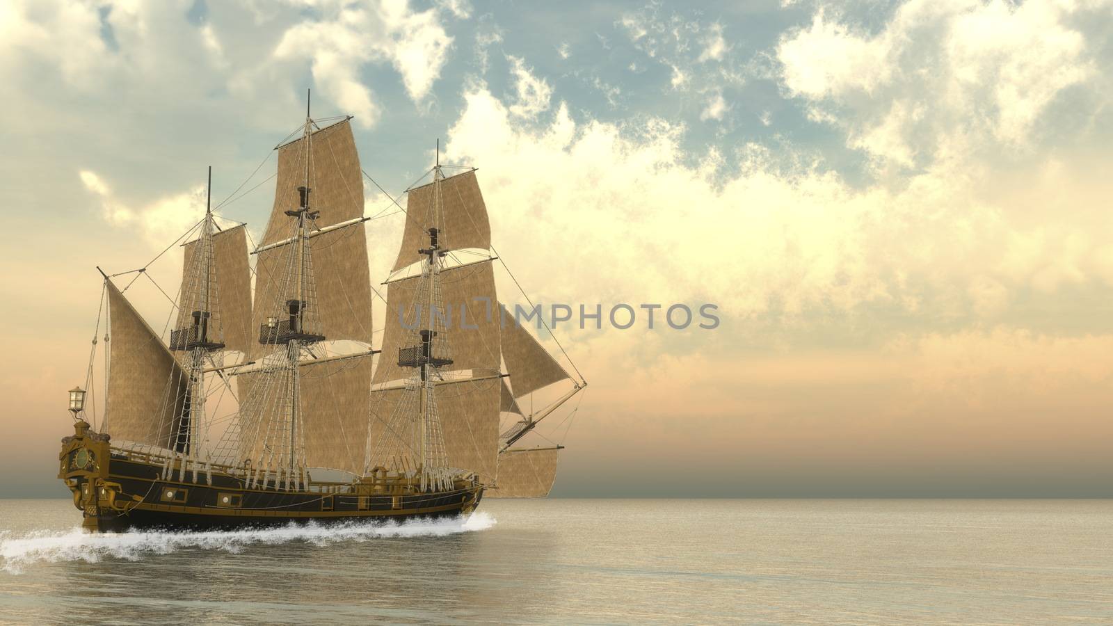 Beautiful detailed old ship HSM Victory floating on the ocean by cloudy day - 3D render