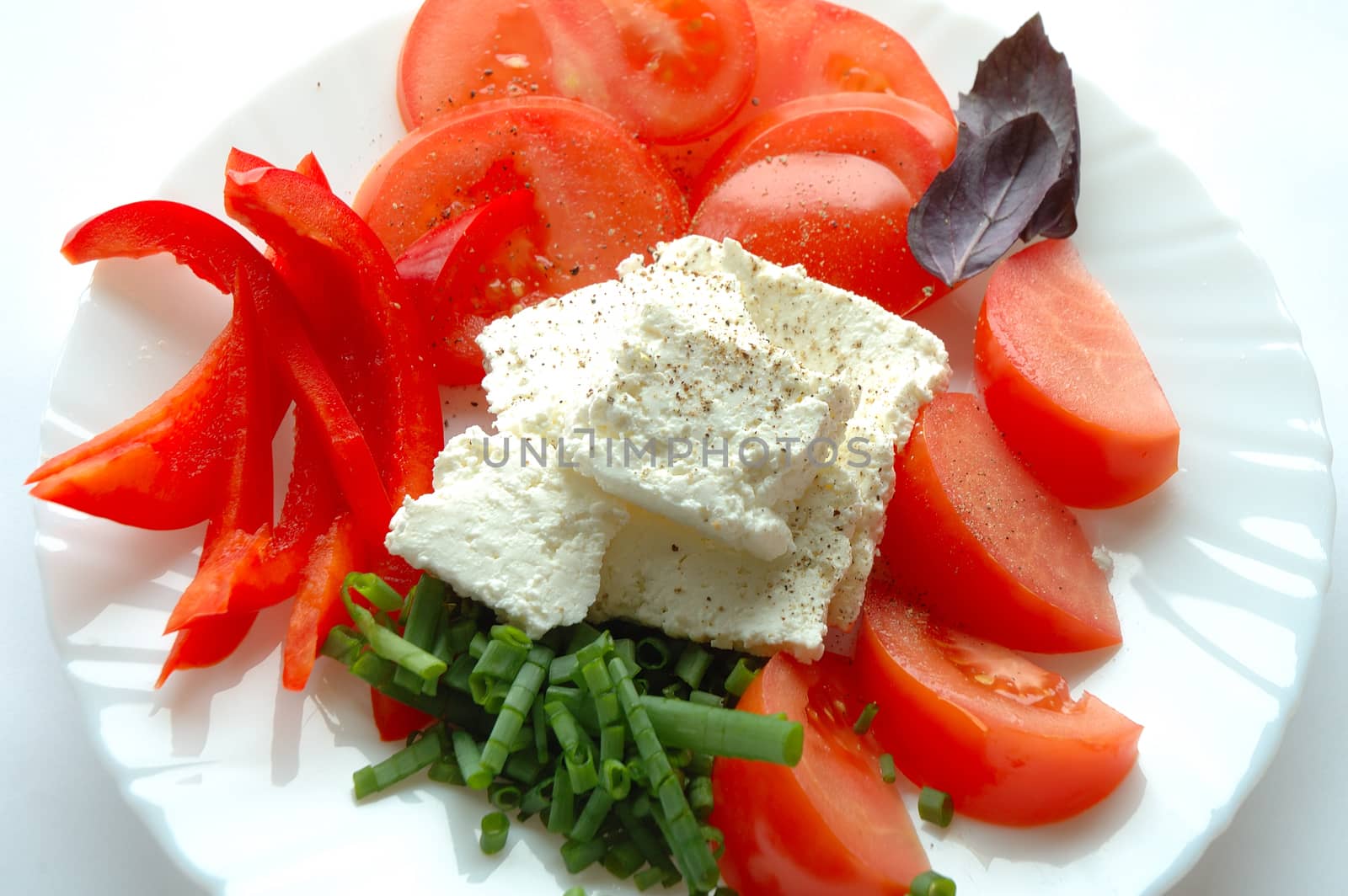 Cottage cheese and vegetables on white plate