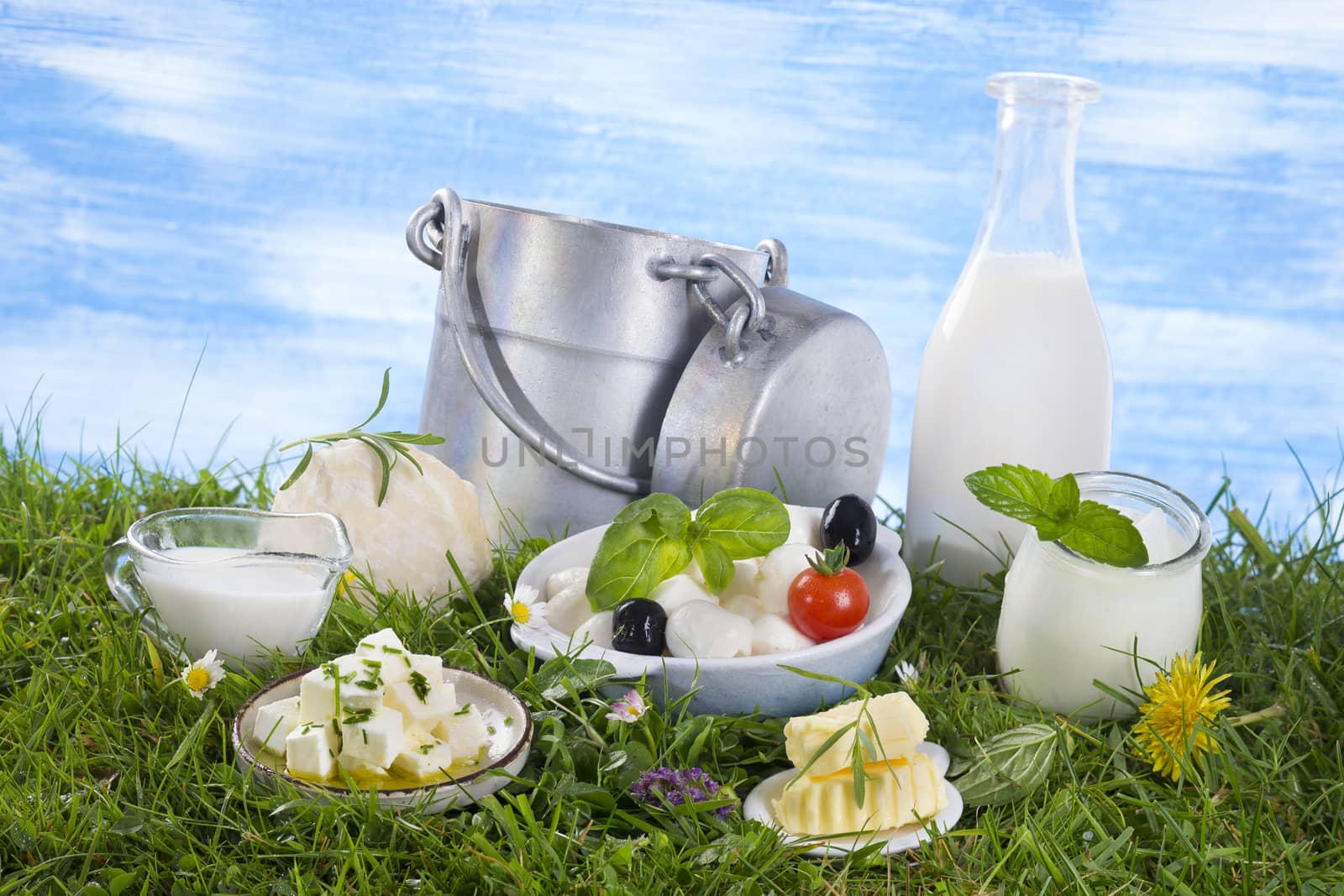 dairy products on the grass with clowers  the sky with clouds by JPC-PROD