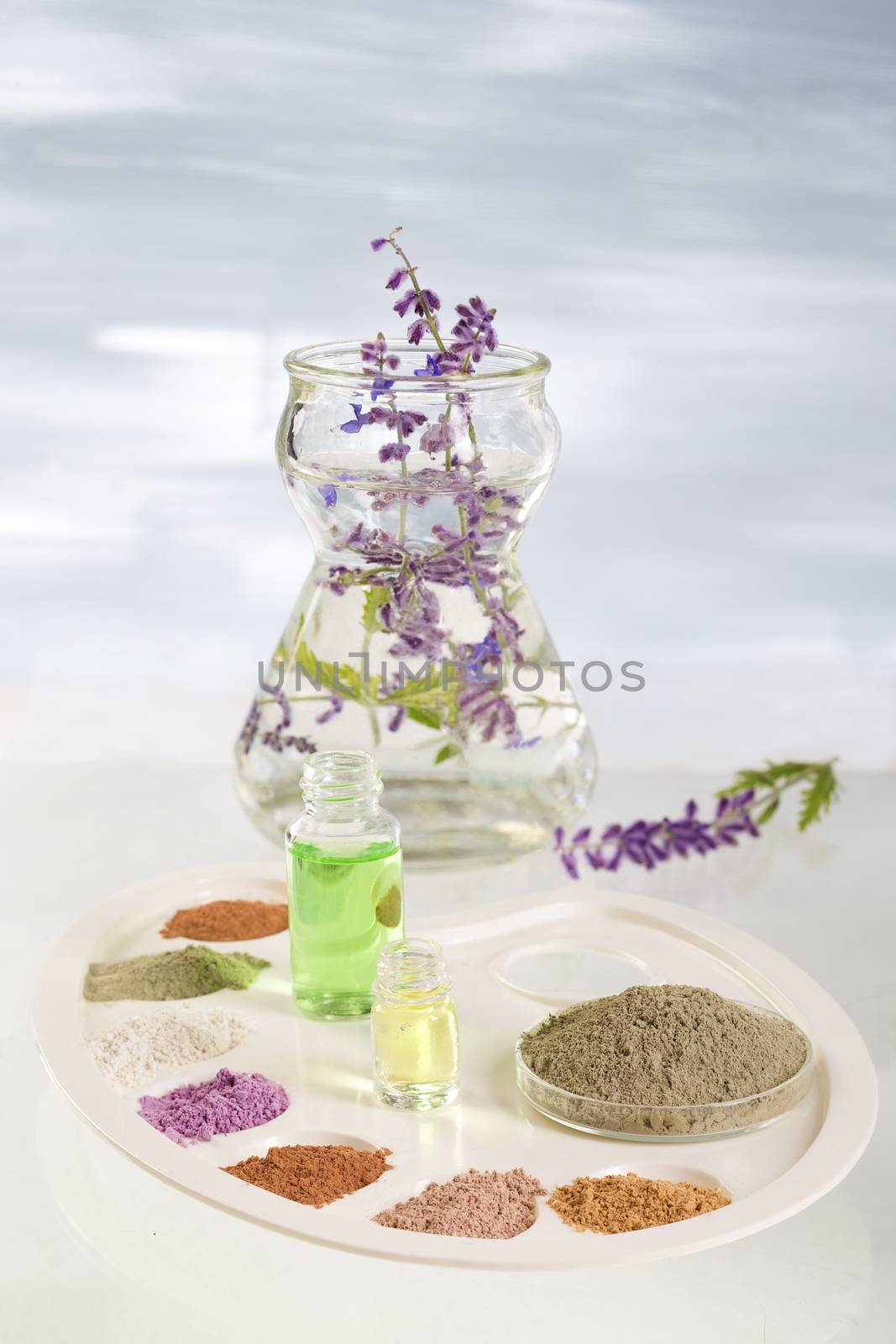 Body care and spa treatment concept, range of coloured french clay and essential oil for mud therapy