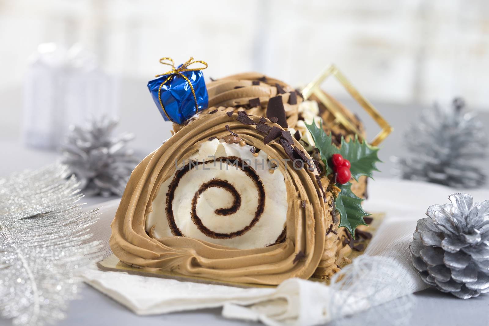 a yule log cake, traditional of christmas time