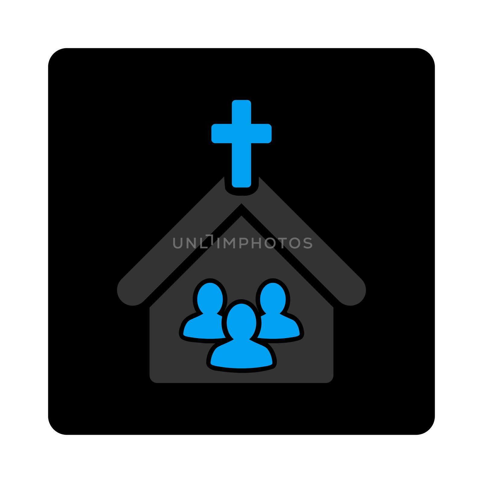 Church icon. The icon symbol is drawn with blue and gray colors on a black button isolated on a white background.