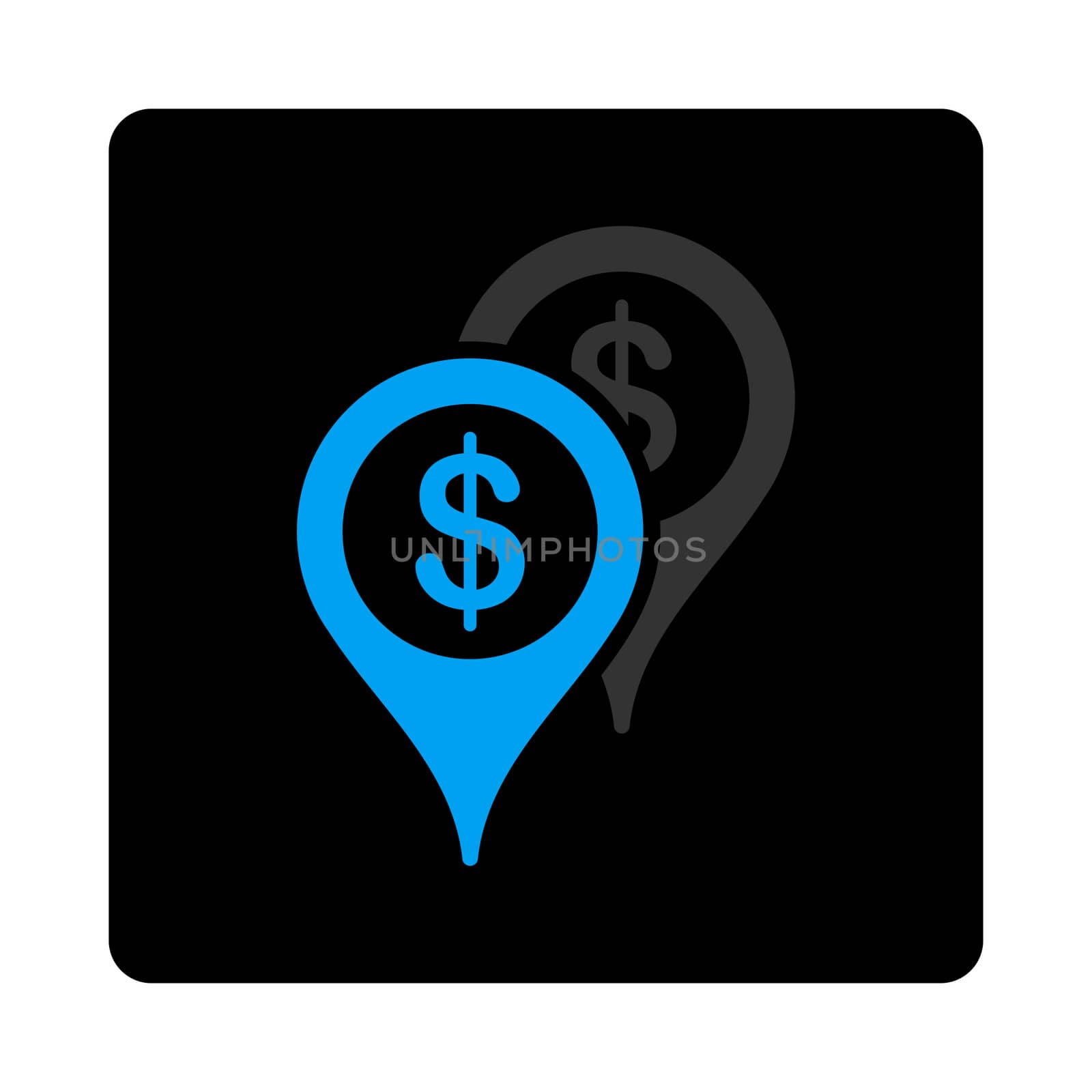 Bank places icon. The icon symbol is drawn with blue and gray colors on a black button isolated on a white background.