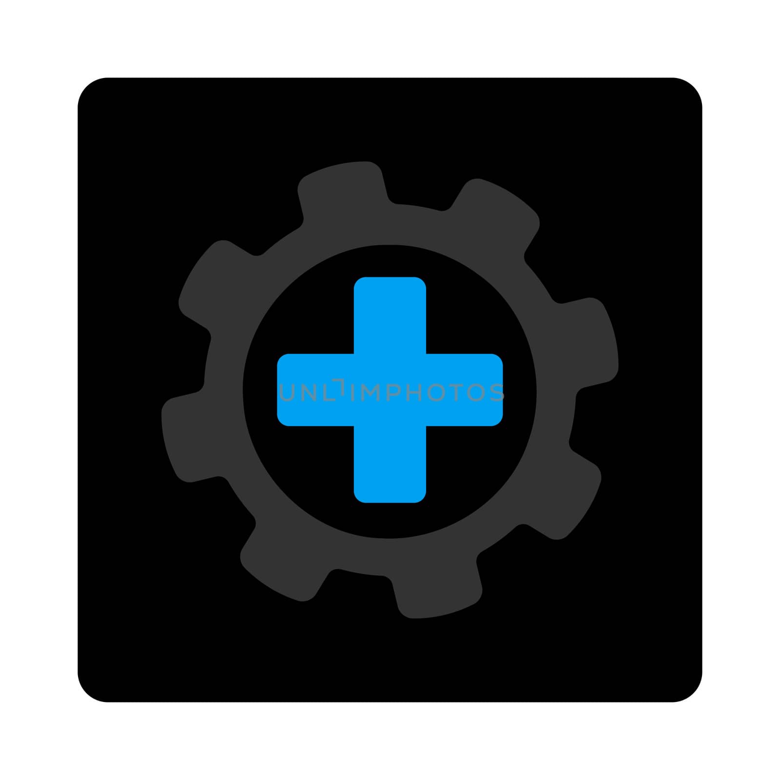 Medical settings icon. The icon symbol is drawn with blue and gray colors on a black button isolated on a white background.