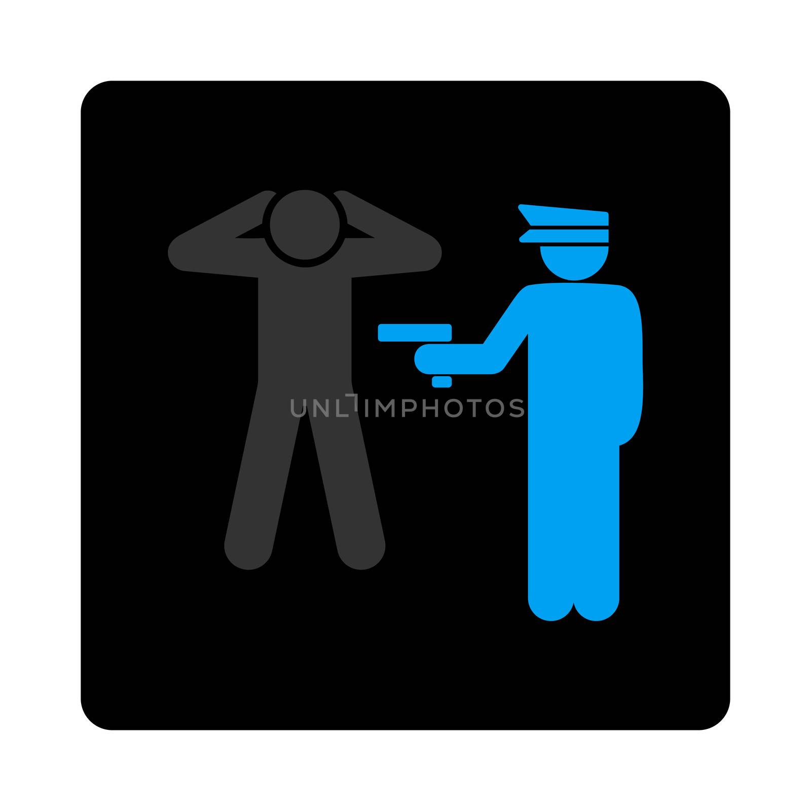 Arrest icon. The icon symbol is drawn with blue and gray colors on a black button isolated on a white background.