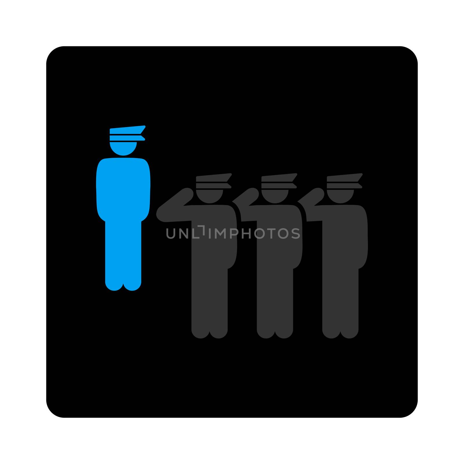 Army icon. The icon symbol is drawn with blue and gray colors on a black button isolated on a white background.