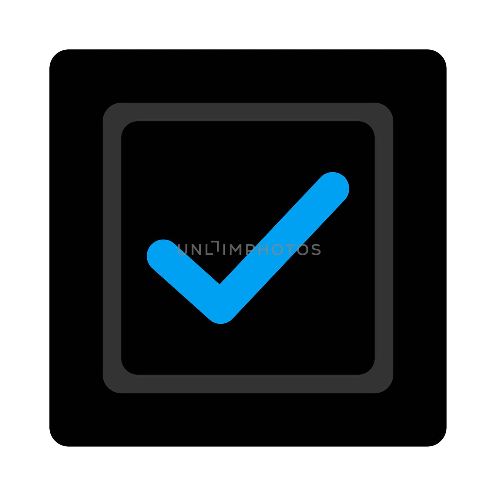 Checked checkbox icon. The icon symbol is drawn with blue and gray colors on a black button isolated on a white background.