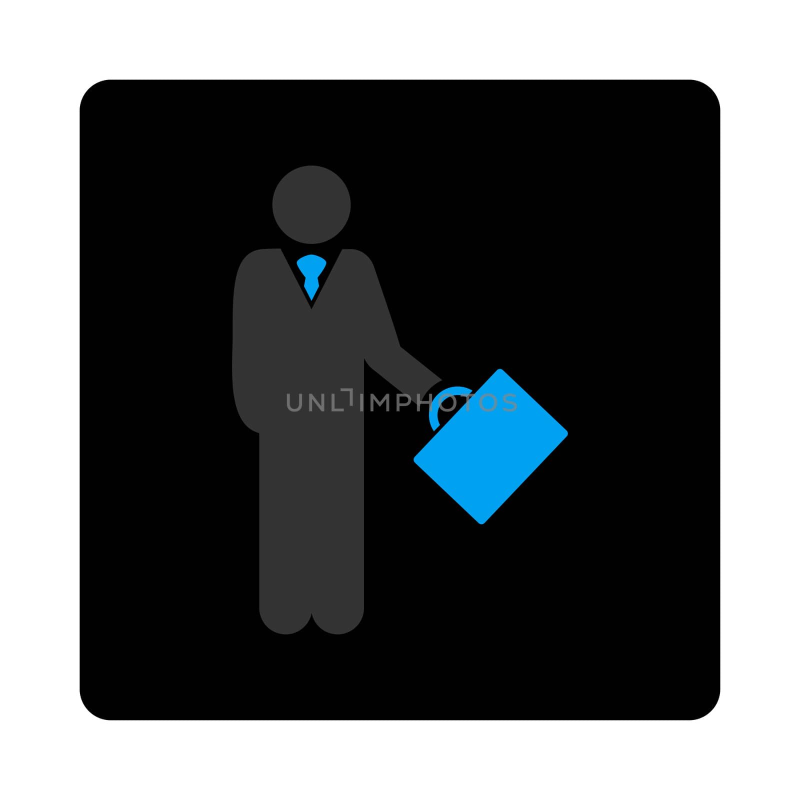 Businessman icon. The icon symbol is drawn with blue and gray colors on a black button isolated on a white background.