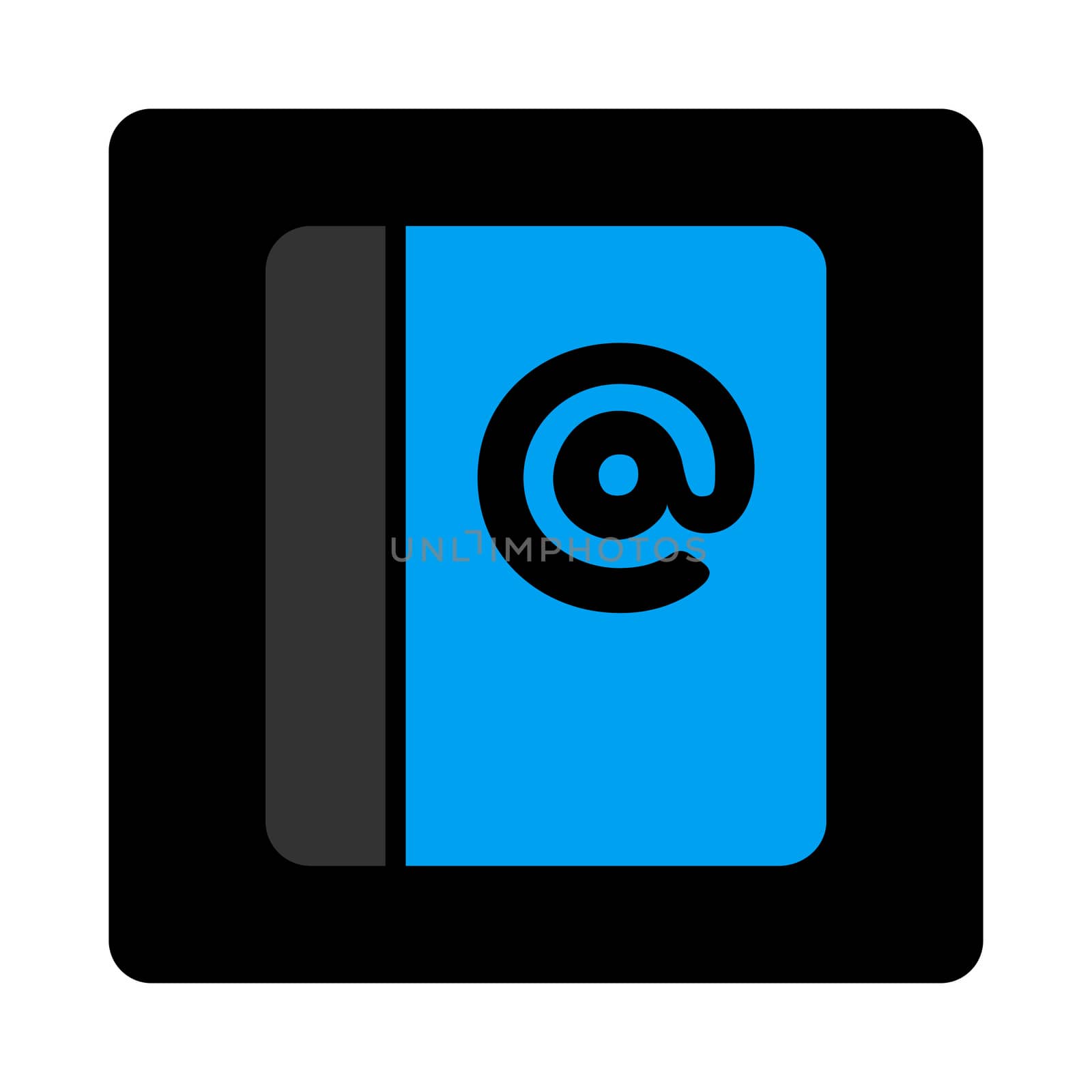 Emails icon. The icon symbol is drawn with blue and gray colors on a black button isolated on a white background.