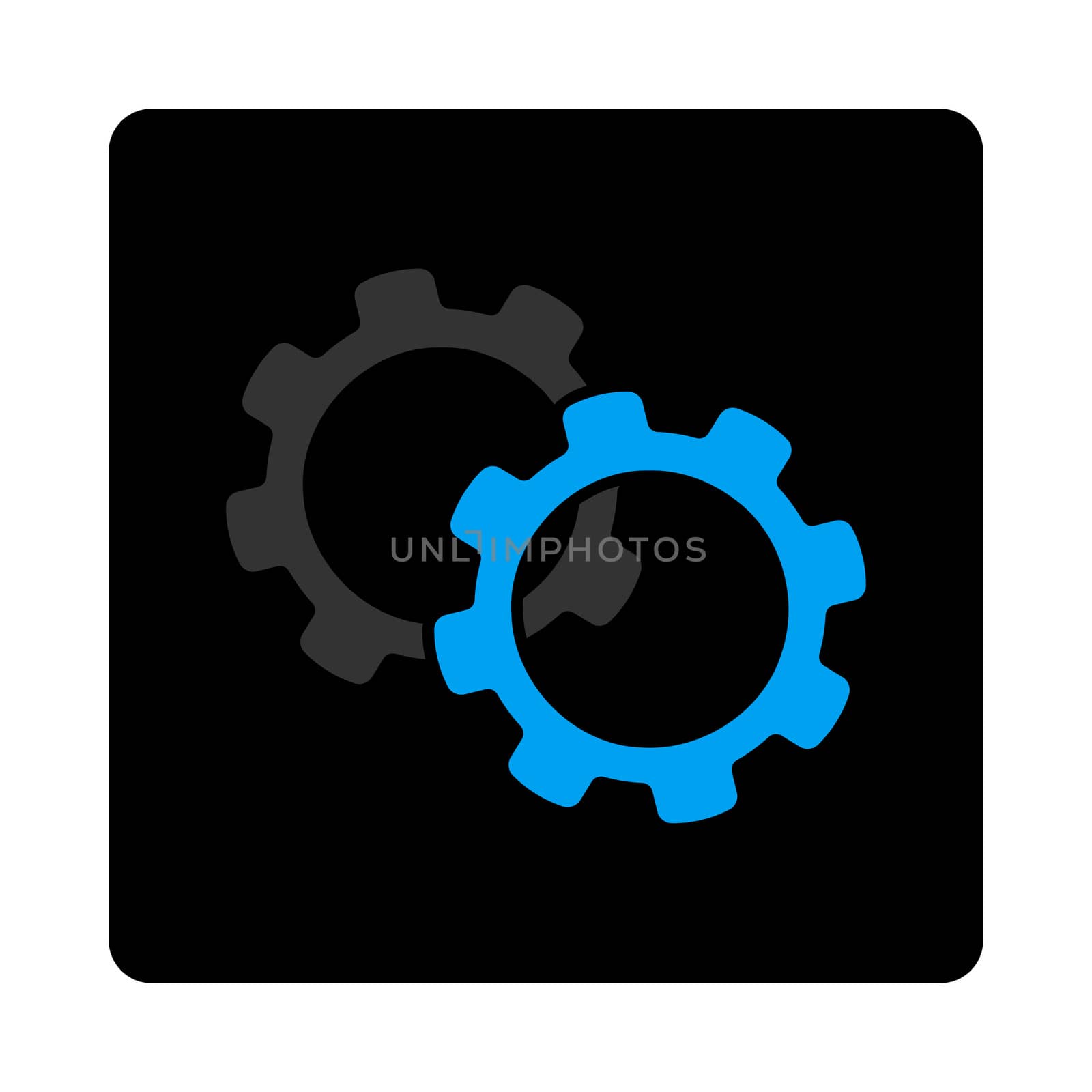 Gears icon. The icon symbol is drawn with blue and gray colors on a black button isolated on a white background.