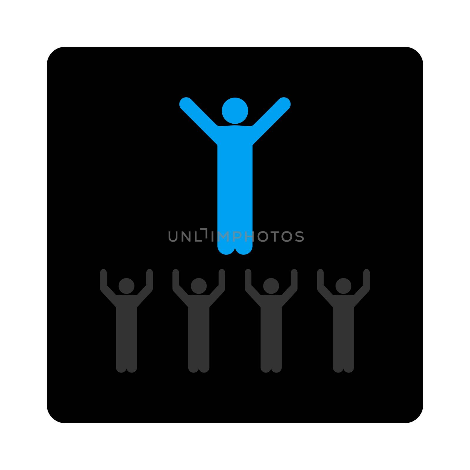 Religion icon. The icon symbol is drawn with blue and gray colors on a black button isolated on a white background.
