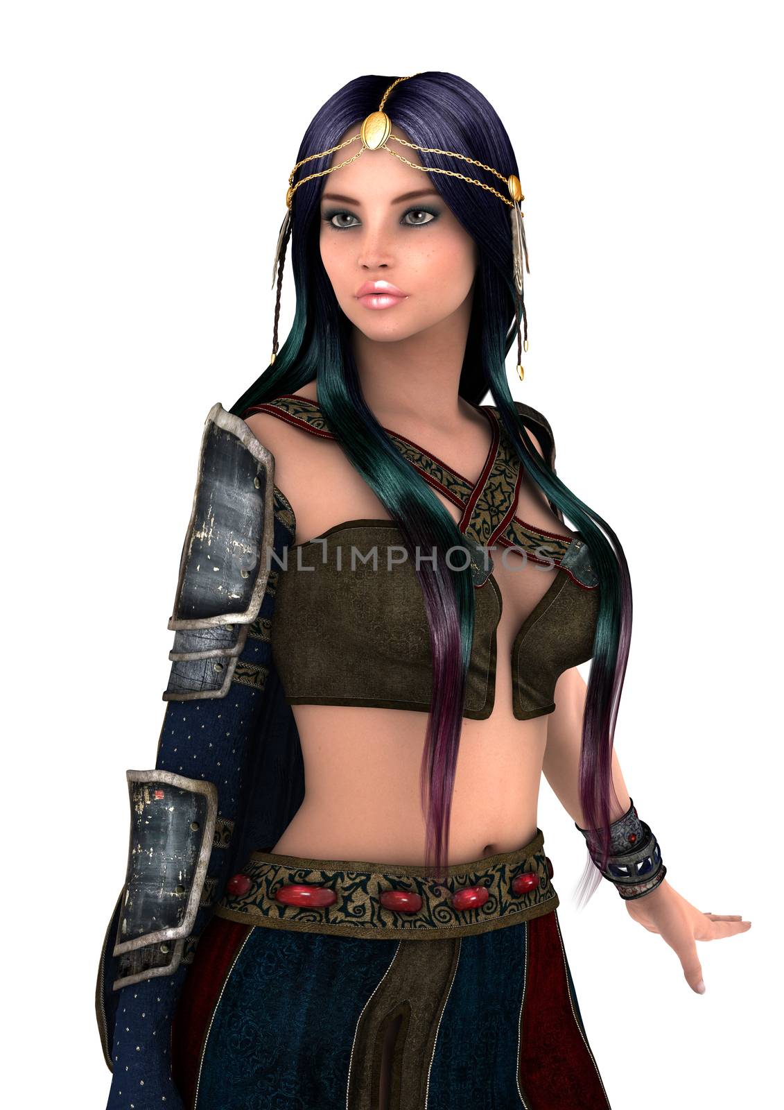 3D digital render of a beautiful warrior woman isolated on white background
