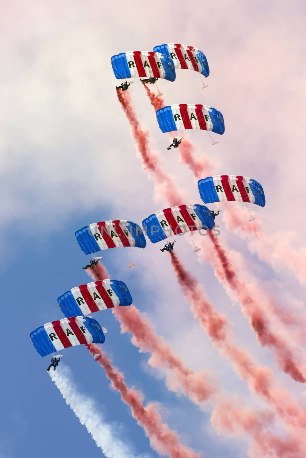 The Royal Air Force Falcons Parachute Display Team in action 