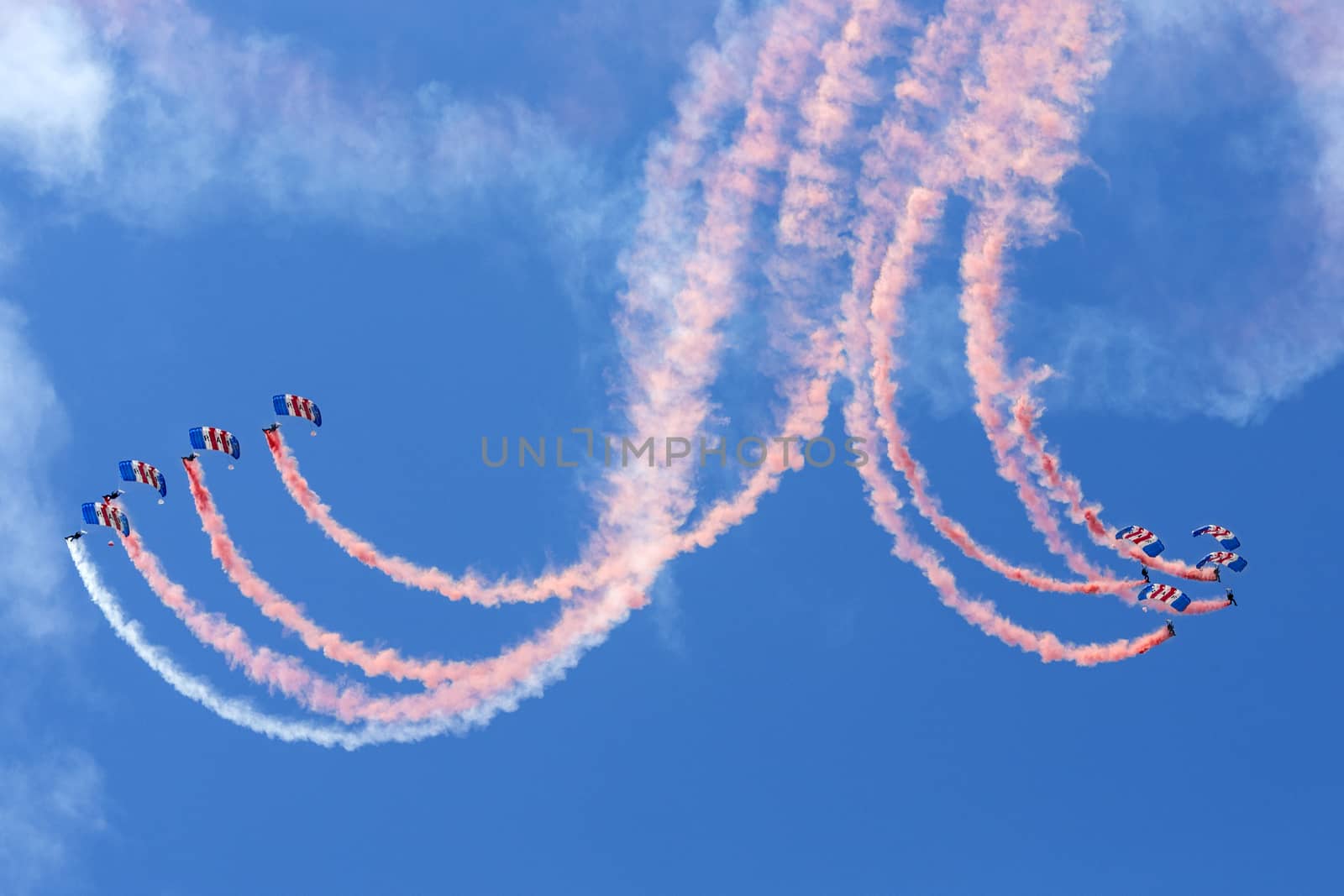 The Royal Air Force Falcons Parachute Display Team in action