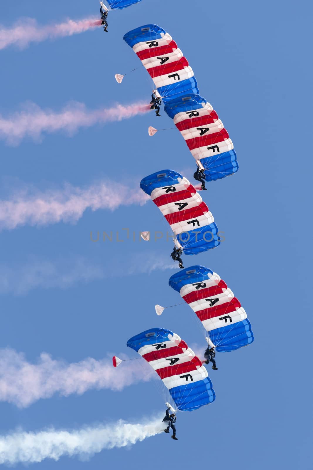 The Royal Air Force Falcons Parachute Display Team in action