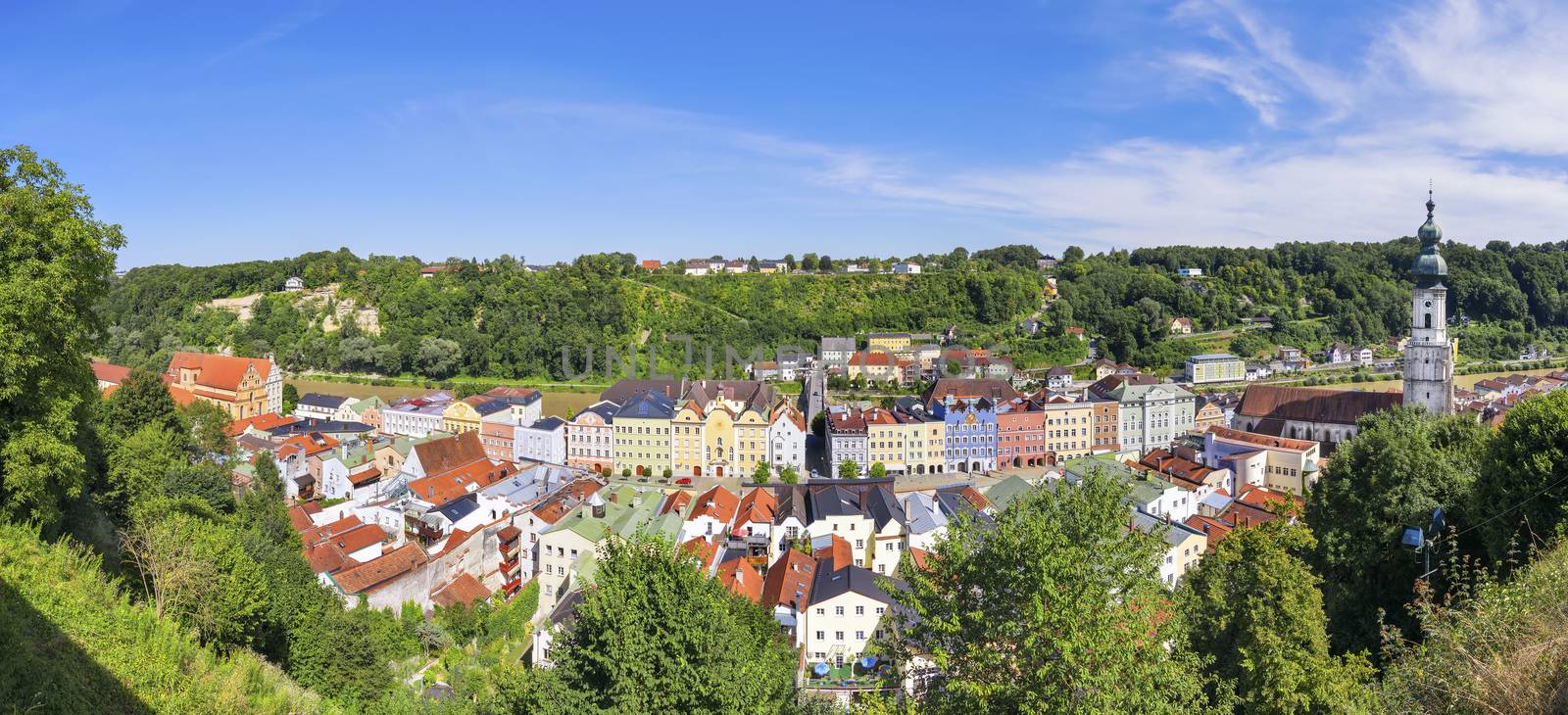 Panorama of Burghausen with the river Salzach in Germany