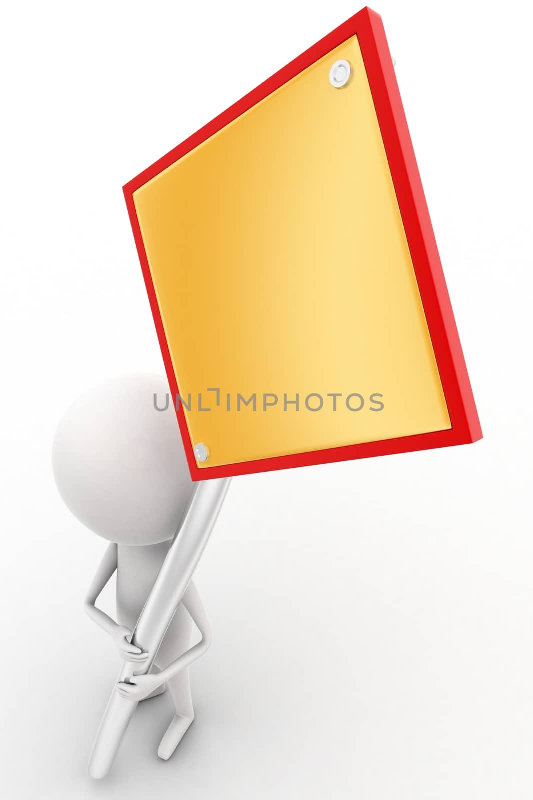 3d  man holding no entry - red stop sign concept on white isolated background  , top  angle view 