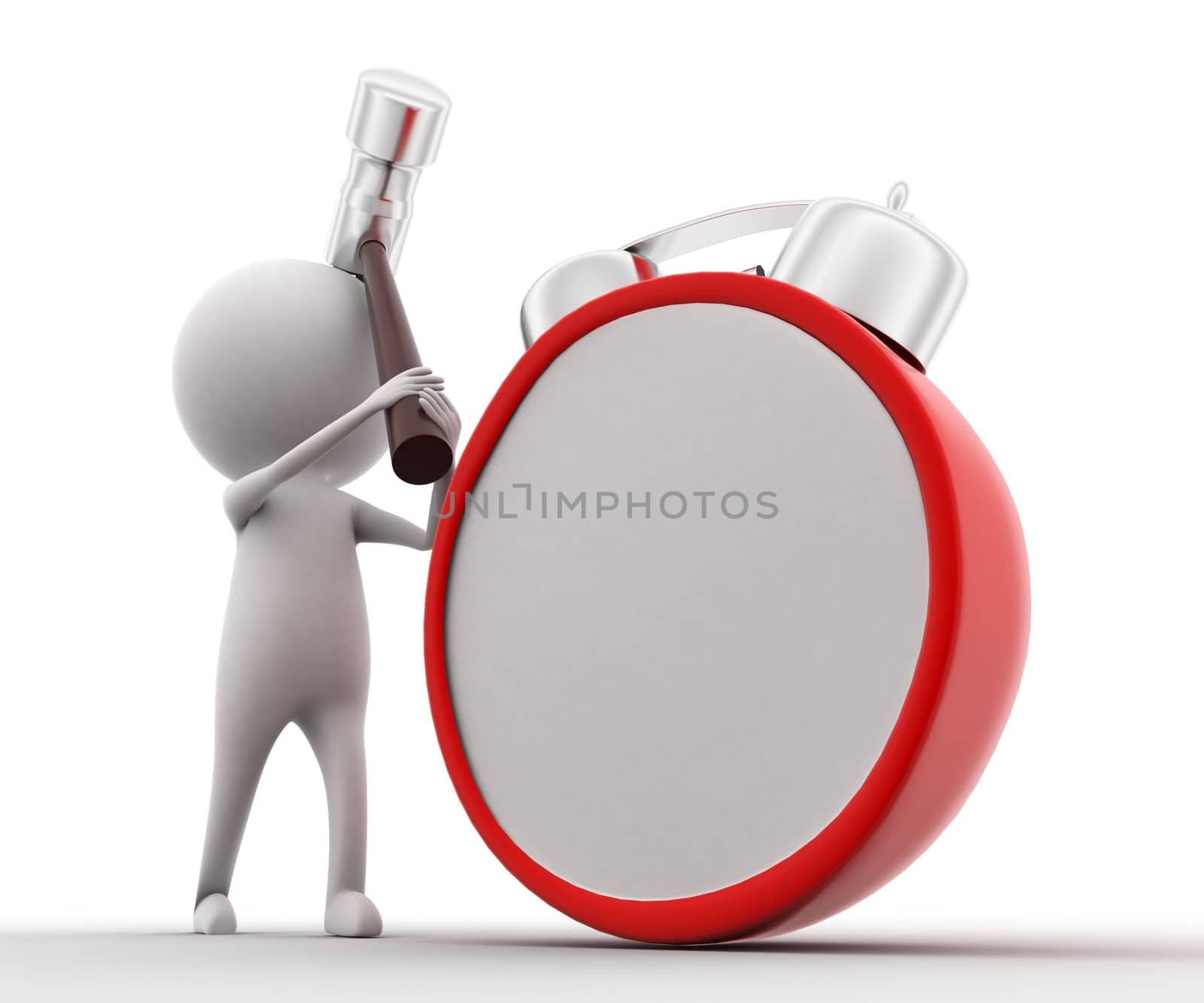 3D man going to break alarm clock concept on white isolated background , side angle view