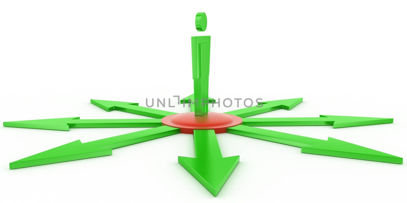 3d icon man standing in middle of different directional arrows concept on white isolated background  , side angle view