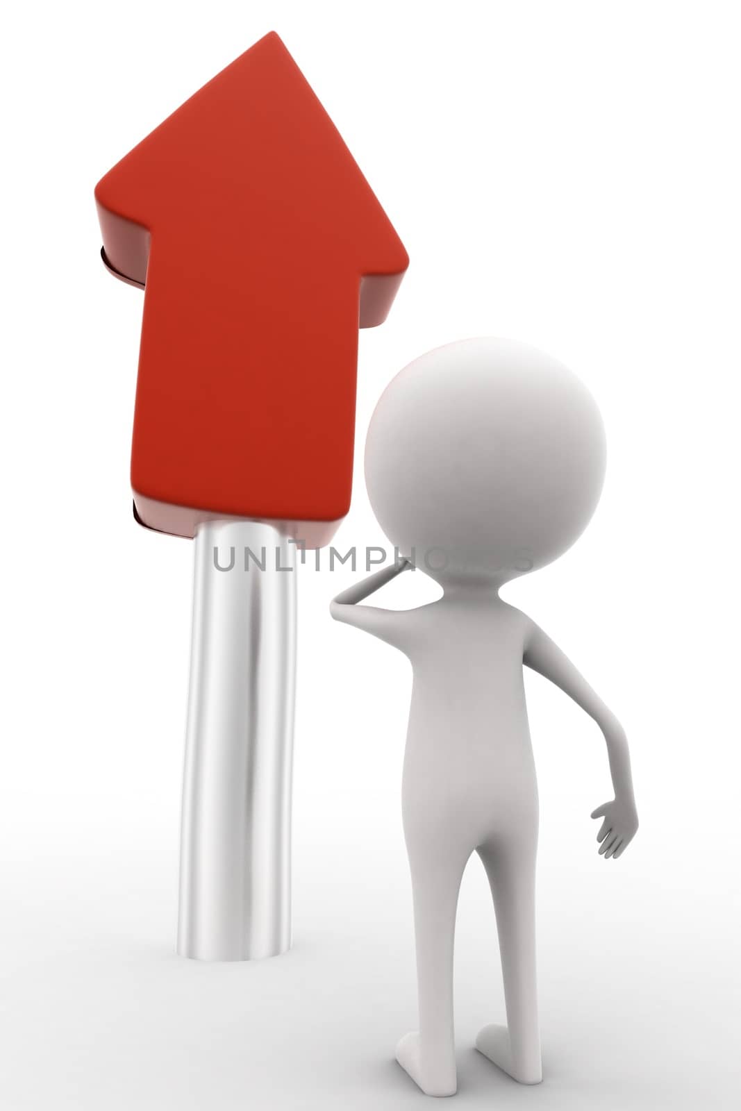 3d man wondering while seeing a large upward arrow concept on white isolated background , back angle view 