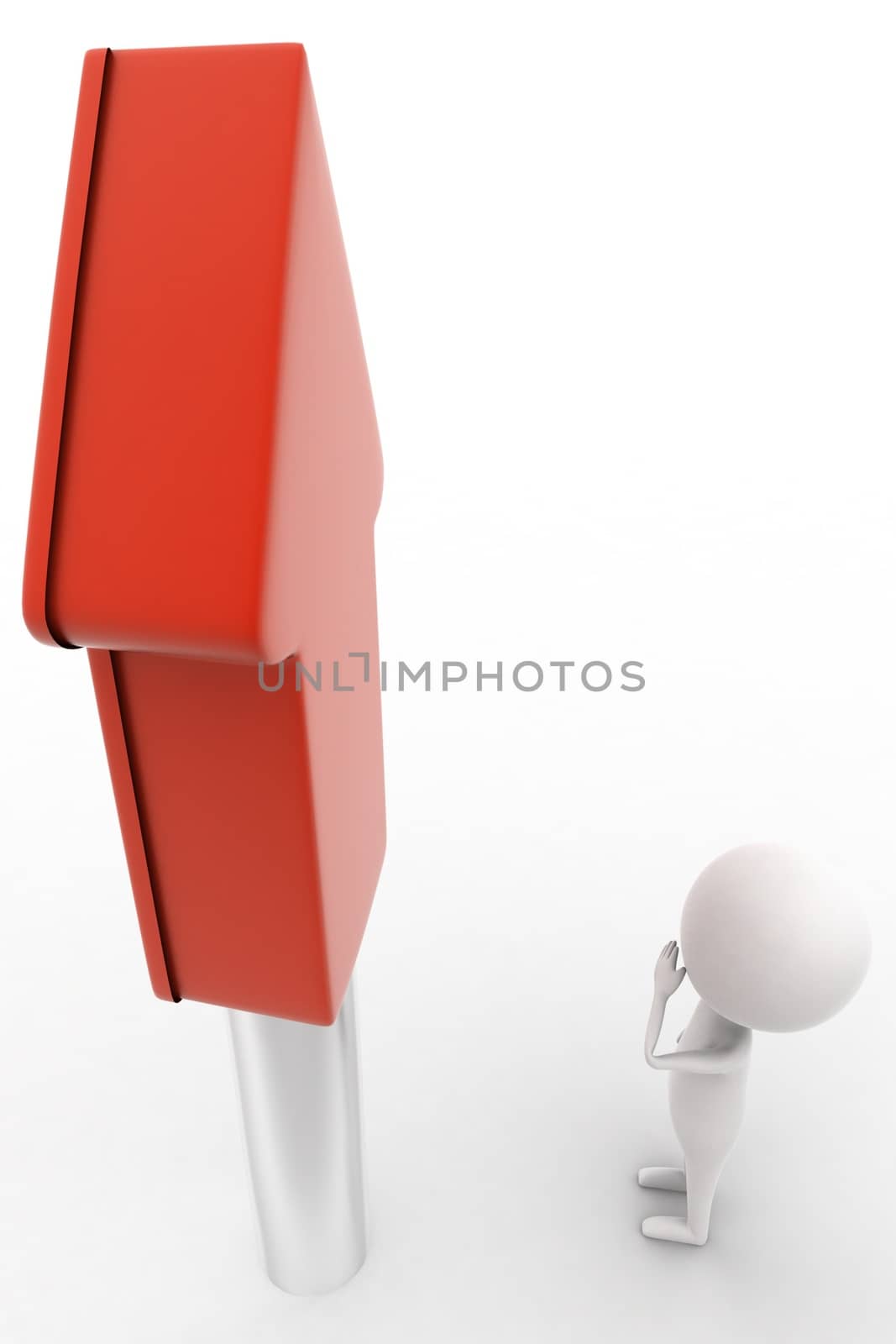 3d man wondering while seeing a large upward arrow concept on white isolated background , top angle view 
