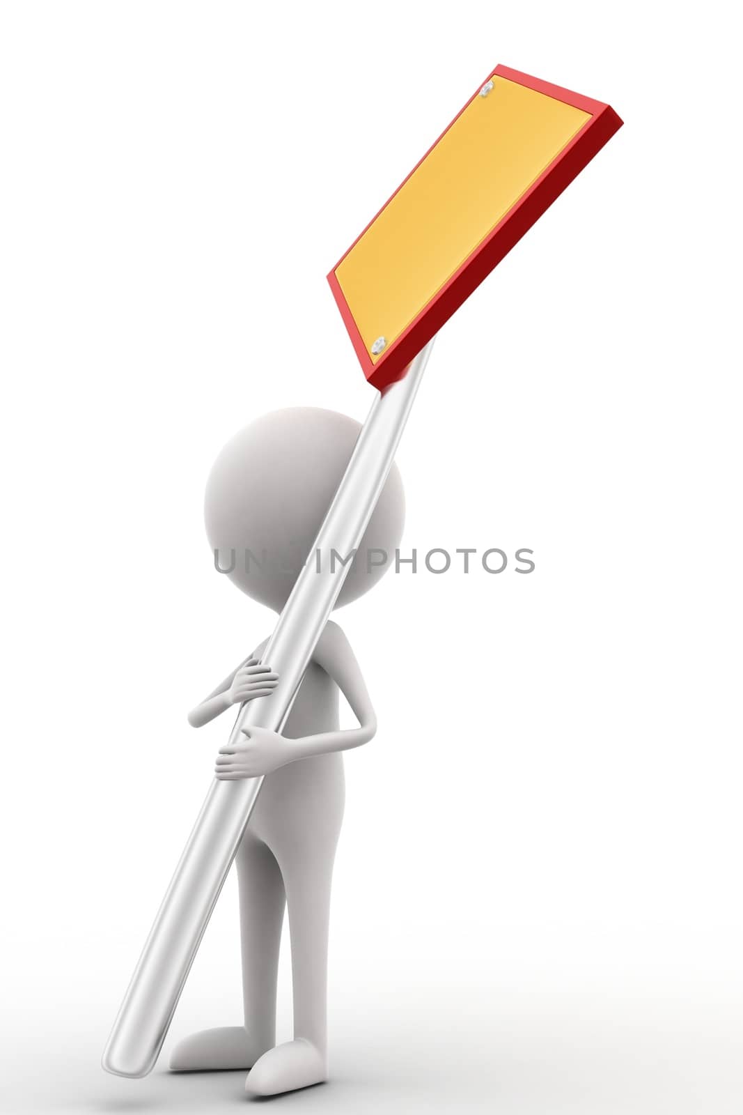 3d  man holding no entry - red stop sign concept on white isolated background  , side angle view 