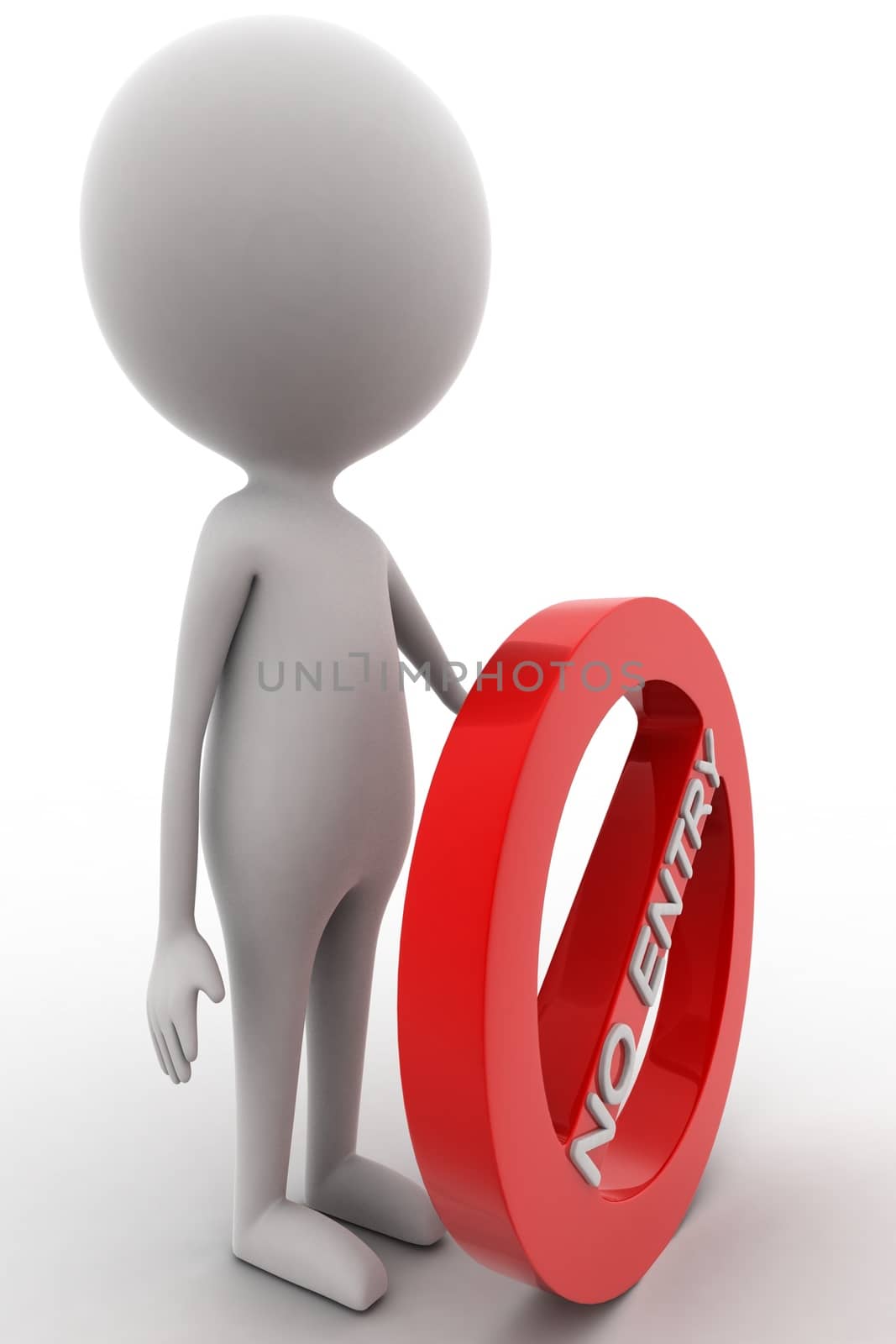 3d  man holding no entry - red stop sign concept on white isolated background  , side angle view 