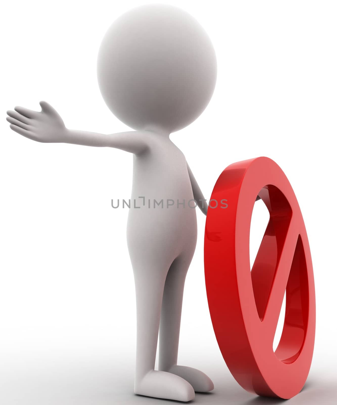 3d  man holding red stop sign concept on white isolated background  , side  angle view 