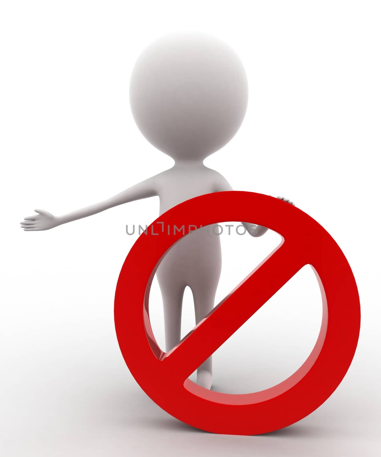 3d  man holding red stop sign concept on white isolated background  , front angle view 
