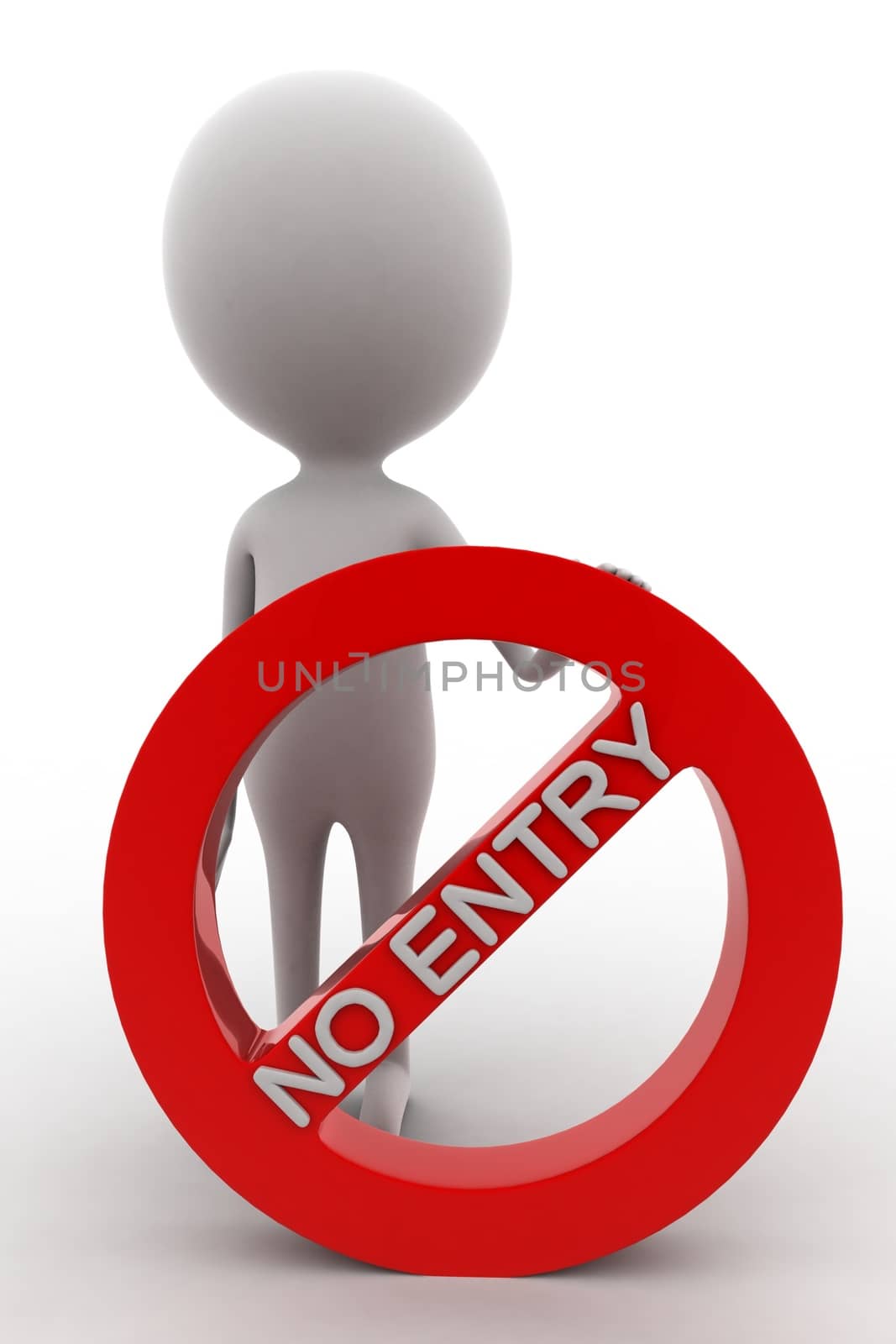 3d  man holding no entry - red stop sign concept on white isolated background  , front angle view 